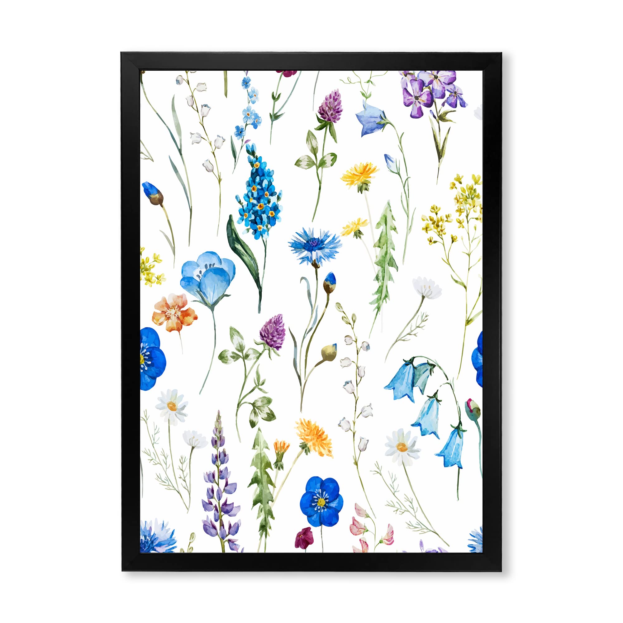 DesignQ Blue Wild Flowers Traditional Framed Wall Art - Hand-Painted Canvas Painting for Living Room, Bedroom & Office Decor