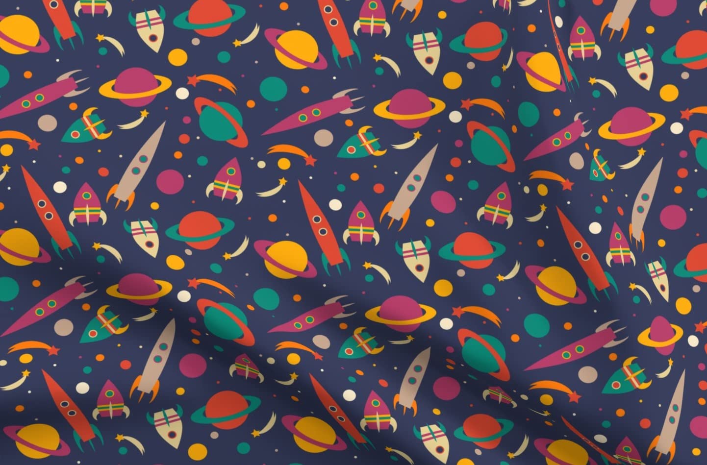 Rocket Space Cosmic Planets UFO Galaxy Printed Velvet Fabric - Fat Quarter for Upholstery, Home Decor & Apparel | Perfect for Nursery, Boys Room & DIY Craft Projects
