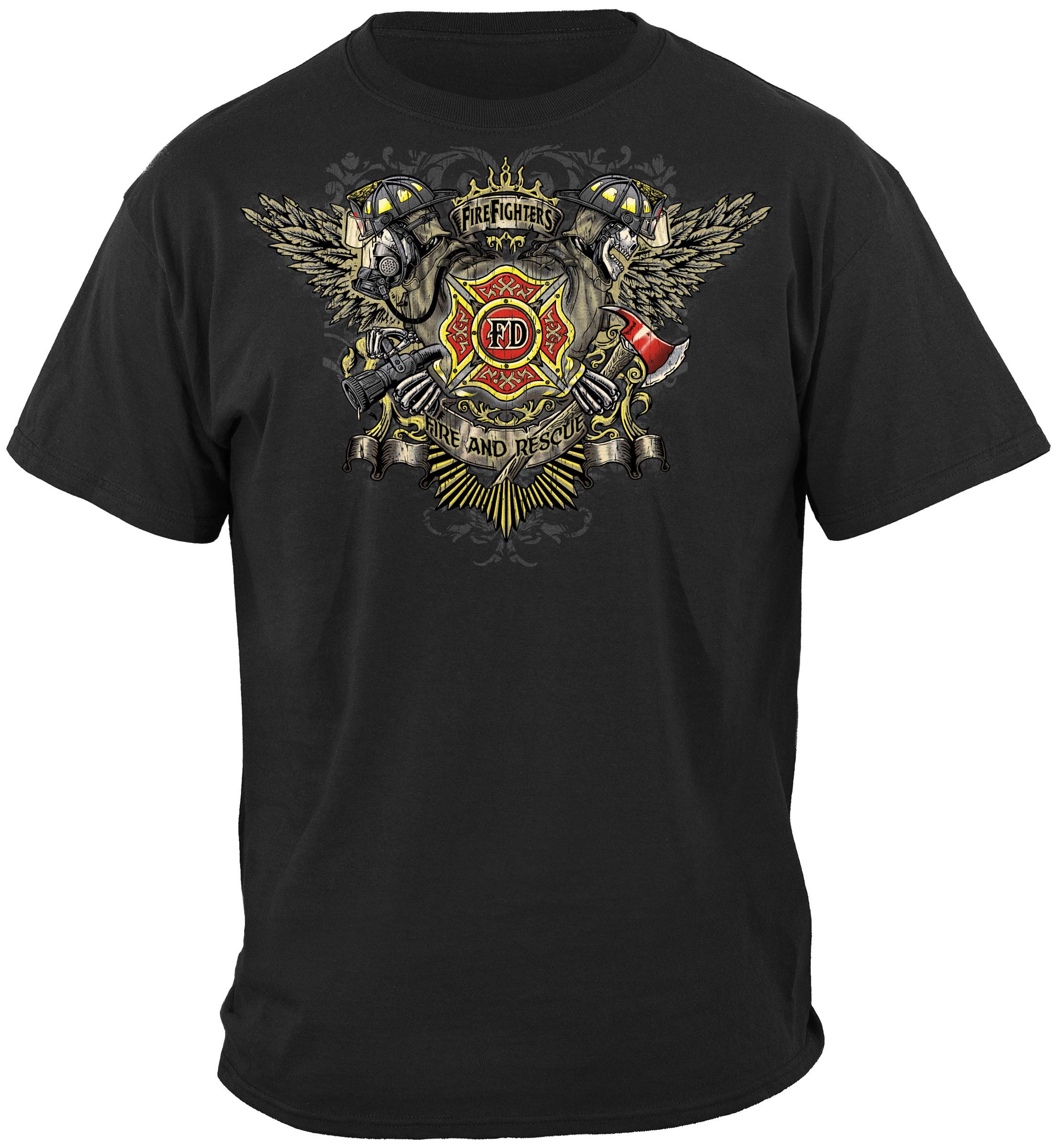 Firefighter T Shirt for Men - Fire Rescue Gold Shield Design FF2086 - First Responder Apparel for EMS, Fire Dept & Station Duty