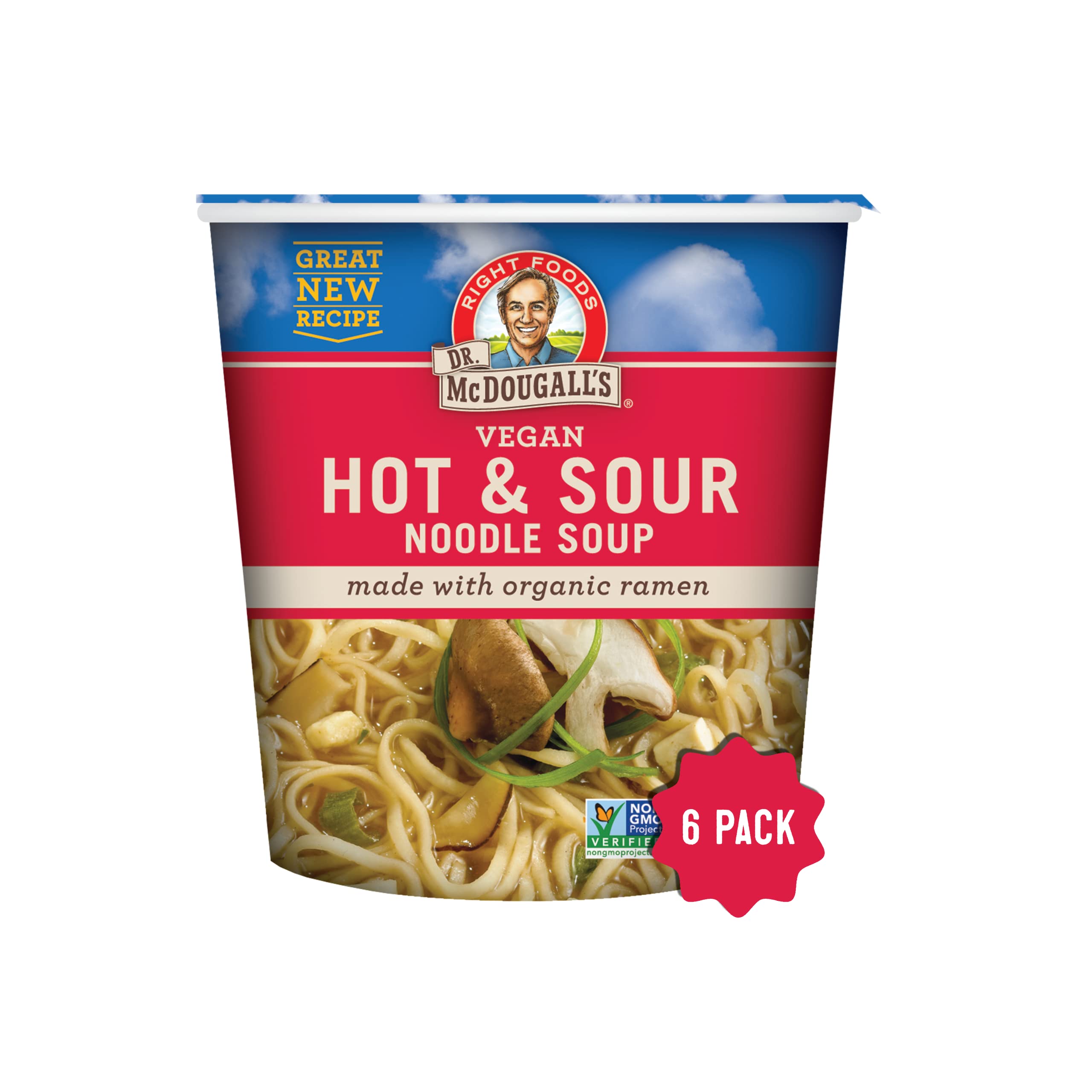 Dr. McDougall's Right Foods Vegan Hot and Sour Ramen Noodles - 12 Pack (1.9 oz Cups) | Instant Vegan Ramen for Quick Meals, Office Lunches & Emergency Food Supply
