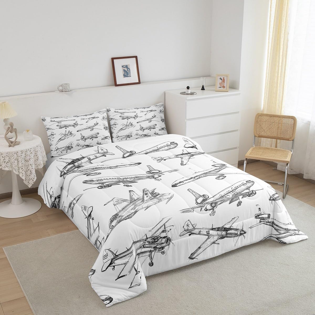 Airplane Comforter Set Twin Size - 2Pcs Aircraft Themed Bedding for Kids, Boys & Girls - Black & White Sketch Print Quilt with Duvet Insert & Pillowcase - Perfect for Kids' Bedroom Decor & Aviation Theme Rooms