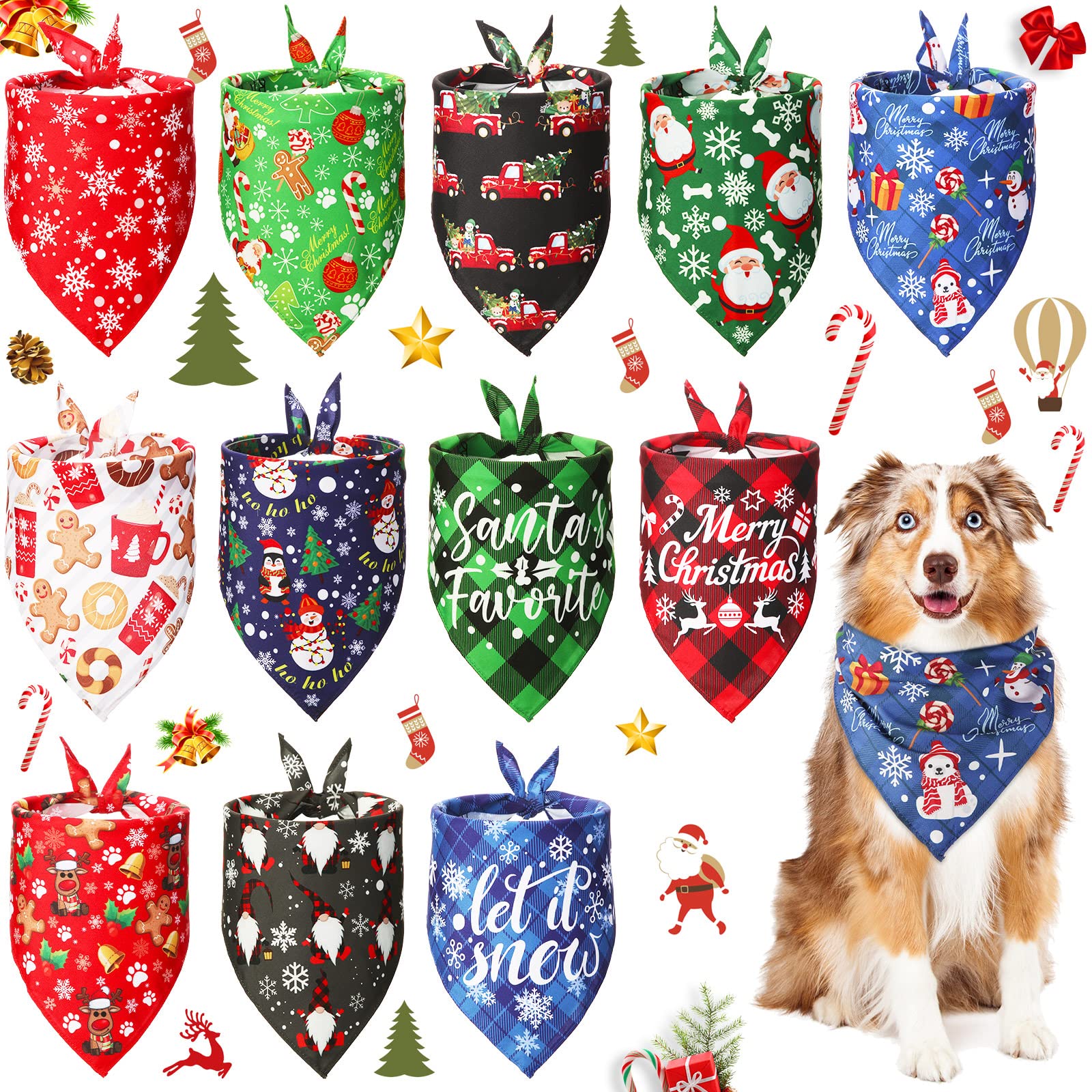 12Pcs Christmas Dog Bandanas - Adjustable Soft Pet Kerchief Scarf for Small Medium Large Dogs & Cats - Festive Holiday Pet Costume Accessory - Perfect for Xmas Parties, Family Photos & Pet Decorations