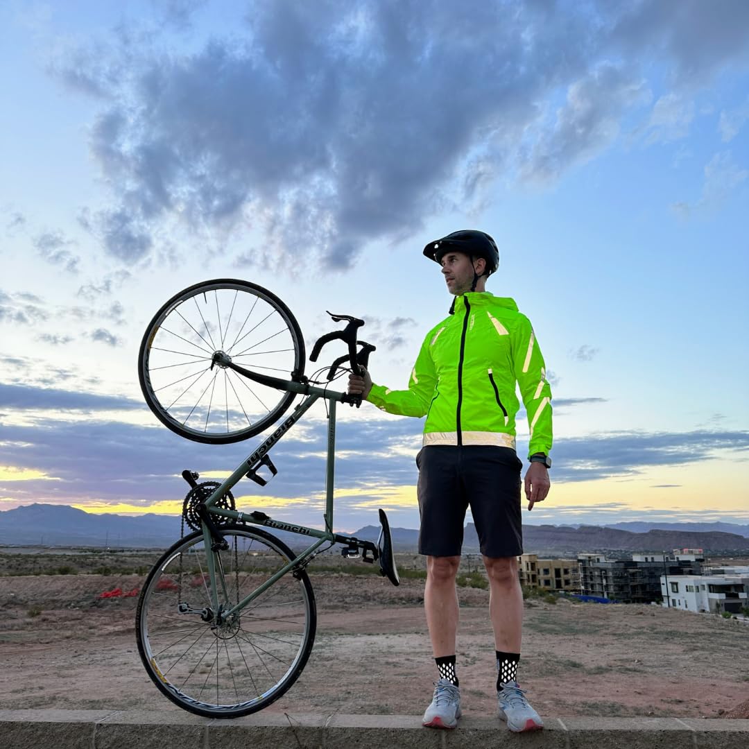 High-Visibility Reflective Rain Jacket with Adjustable Hood & Pit Vents - Waterproof Windbreaker for Running, Cycling & Outdoor Safety (Fluorescent Yellow) - Perfect for Night Jogging, Commuting & Stormy Weather