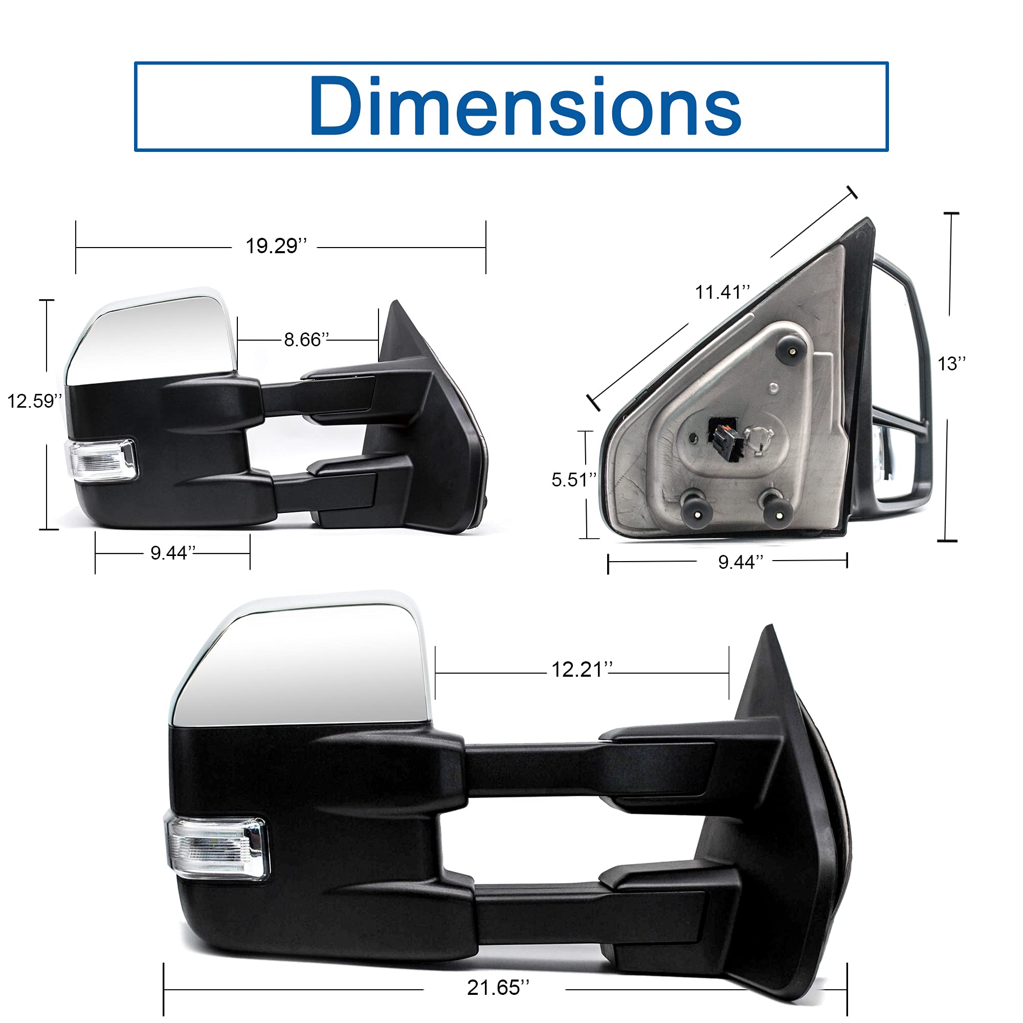 Upgraded Power Heated Towing Mirrors with LED Turn Signal & Puddle Lamp - Manual Folding Chrome Cap - Compatible with 2004-2014 Ford F150 Pickup Truck - Perfect for Enhanced Visibility & Safety While Towing or Night Driving