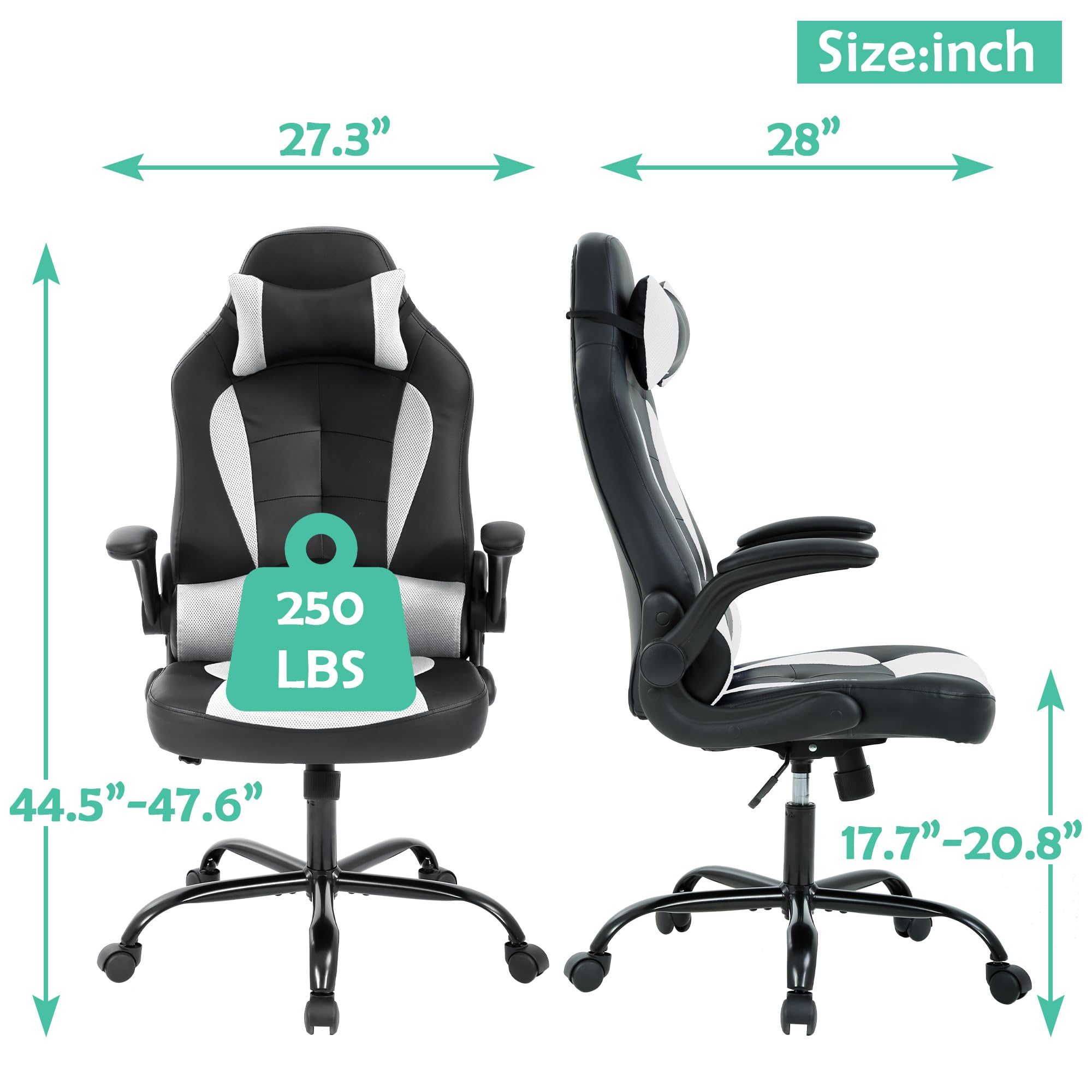 **Ergonomic Gaming Chair with Headrest & Lumbar Support - Adjustable PU Leather High Back Racing Office Chair for Adults & Kids - Perfect for PC Gaming, Work & Home Office (White)**