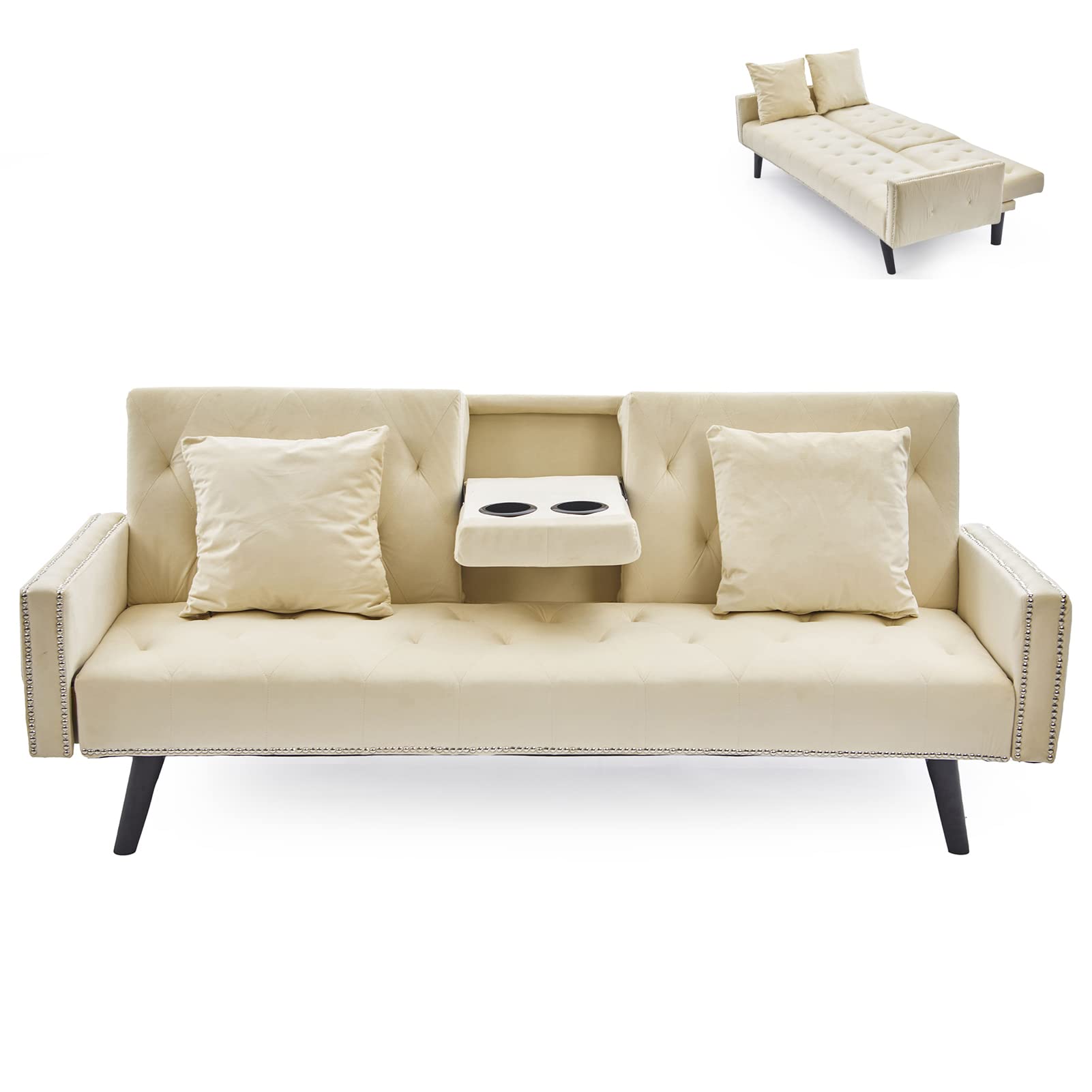 Ymlpre Multifunctional Futon Sofa Bed with 2 Cup Holders - Foldable Recliner Couch Velvet Sofa Bed for Small Spaces, Apartments & Dorms - Nailhead Trim Armrests, Beige - Perfect for Living Rooms, Guest Rooms & Studio Apartments