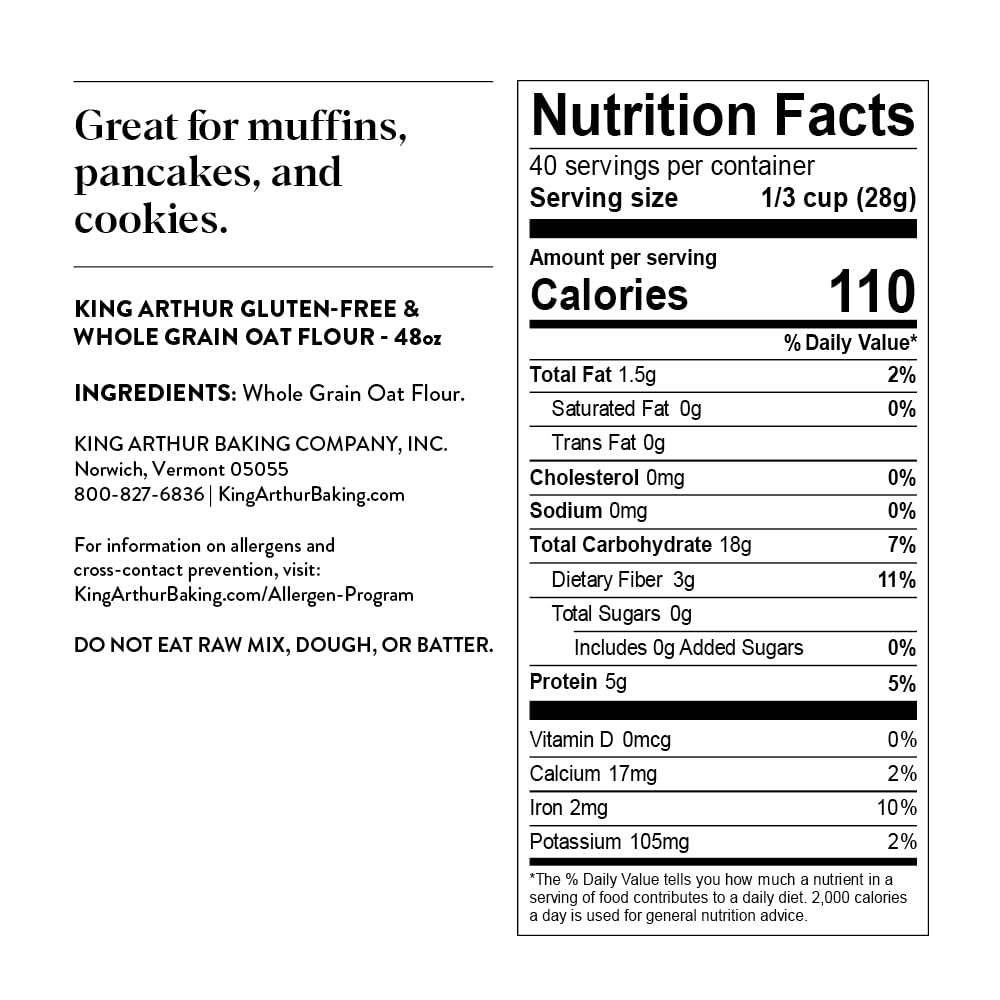 King Arthur Baking Company Gluten-Free Whole Grain Oat Flour 2.5 lbs - Perfect for Baking Bread, Cookies & Healthy Recipes