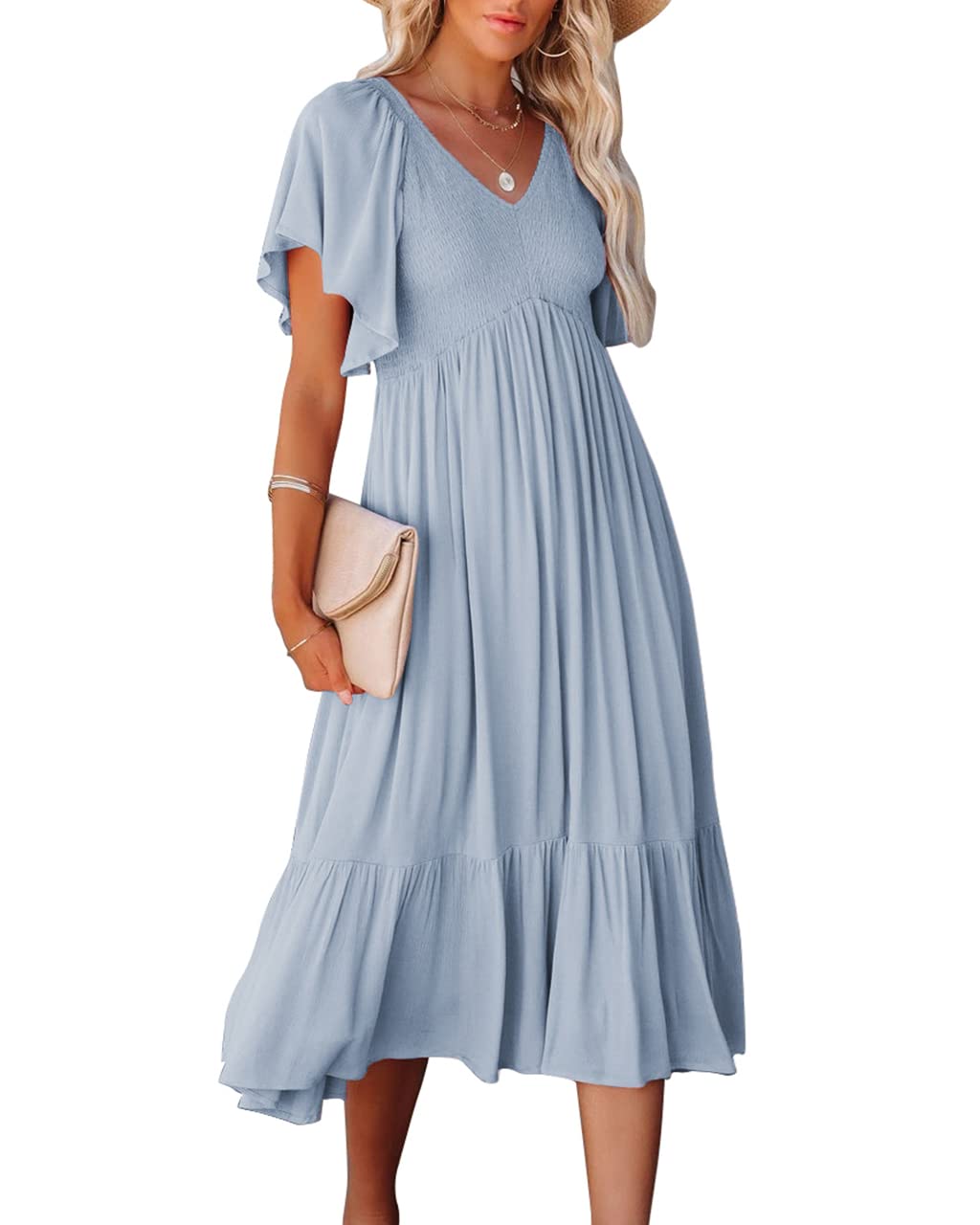Zwurew Women's Boho Summer Dress - Casual Short Sleeve Ruffle Flowy Smocked Midi Dress for Maternity & Everyday Wear | Beach Vacation, Date Night, Outdoor Party Outfit
