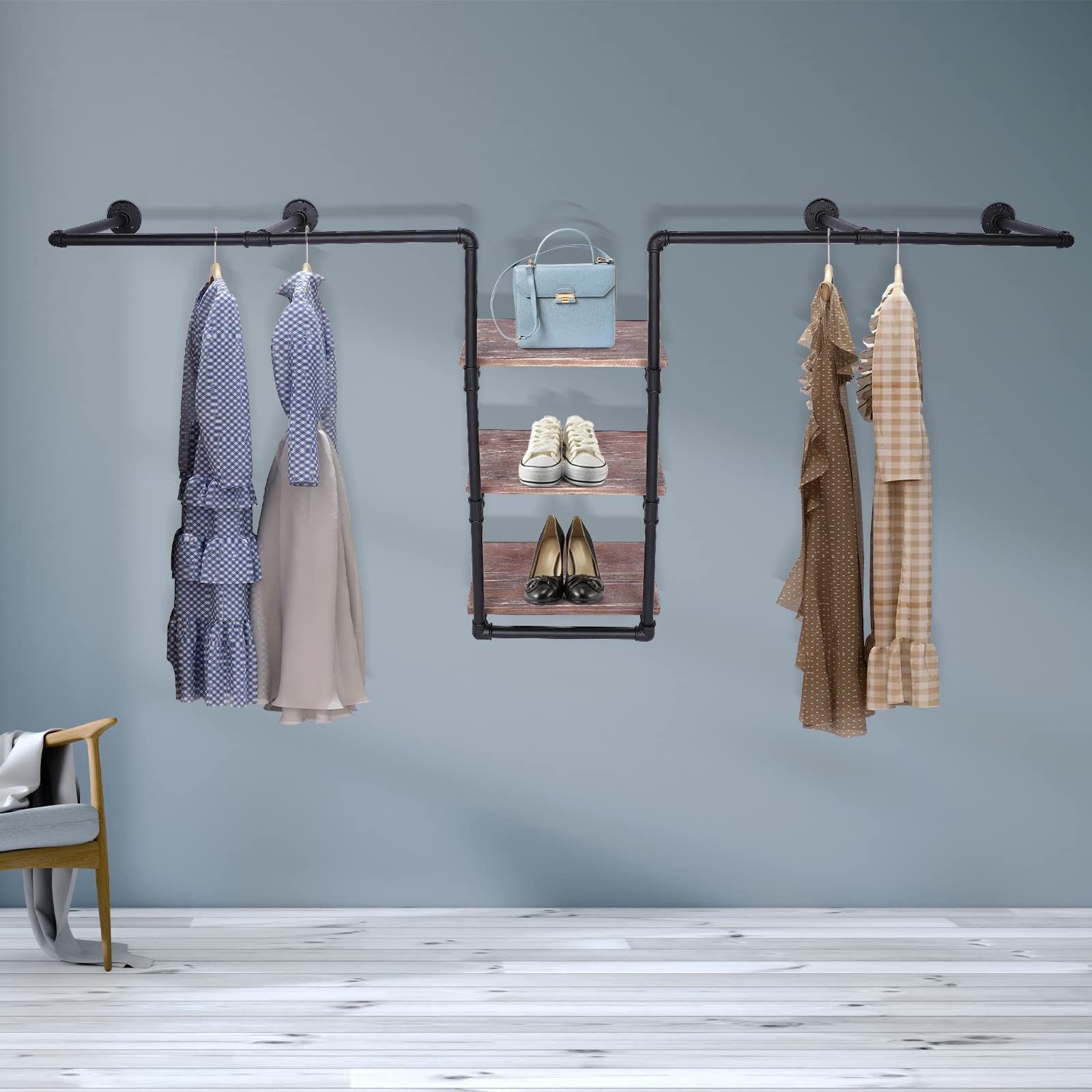 Industrial Pipe Garment Rack - Wall Mounted Clothing Rack with 3-Tier Wooden Shelf & 2 Hanging Rods, Rustic Storage Rack for Home, Boutique or Clothing Store Organization | Perfect for Bedroom, Closet & Retail Display
