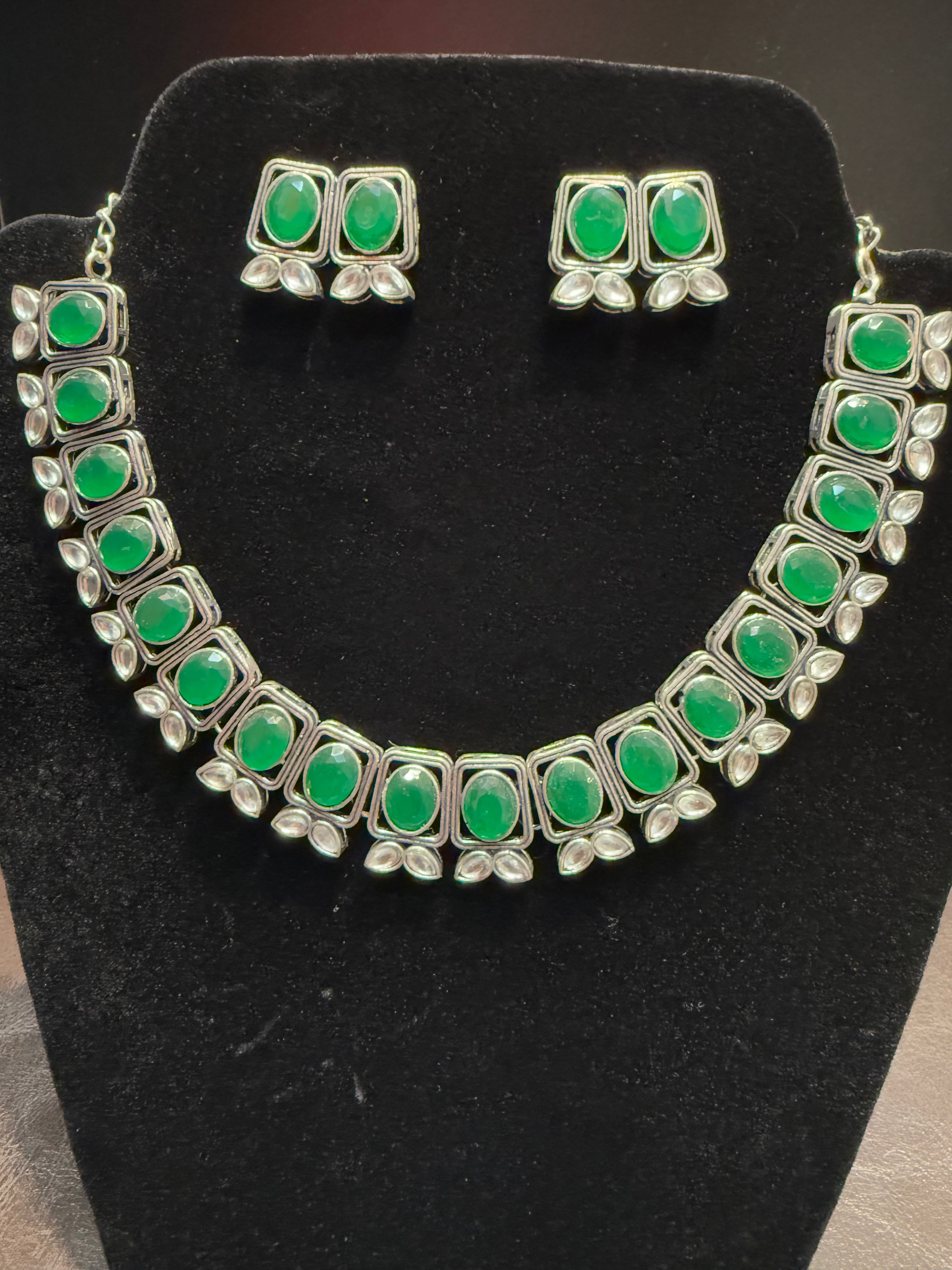 Elegant Green Oxidized Necklace and Earrings Set with Silver Stones | Perfect for Parties, Weddings & Special Occasions