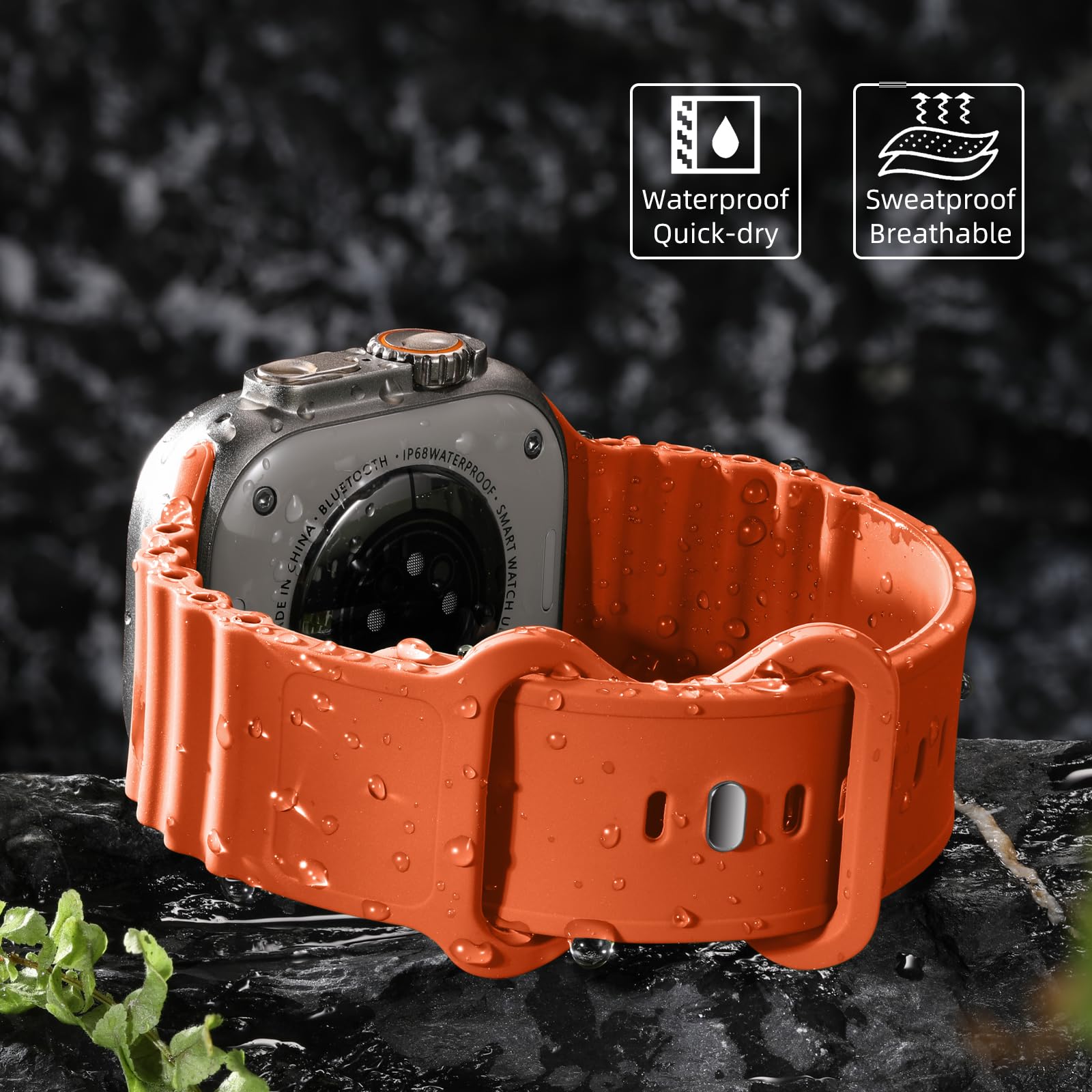 Getino Ocean Sport Band - Soft Breathable Waterproof Silicone Strap for Apple Watch Ultra 2/Ultra/Series 9/8/7/6/5/4/SE - Compatible with 44mm 45mm 42mm 49mm - Perfect for Swimming, Running & Outdoor Activities (Orange)