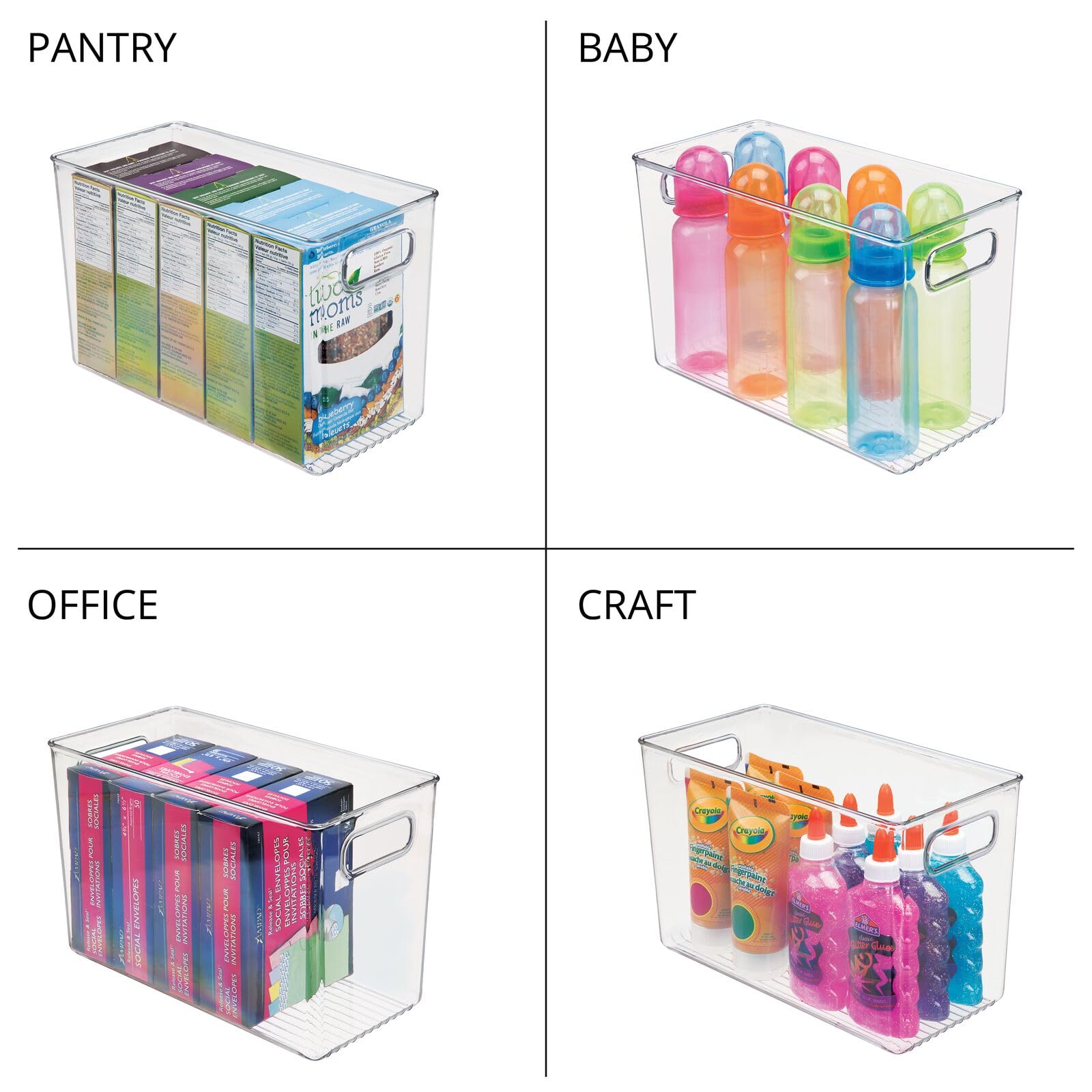 mDesign Clear Plastic Slim Organizing Bin with Handles - Kitchen Pantry Cabinet, Fridge & Freezer Storage Solution | Perfect for Food Organization, Spice Racks & Home Decluttering | Ligne Collection
