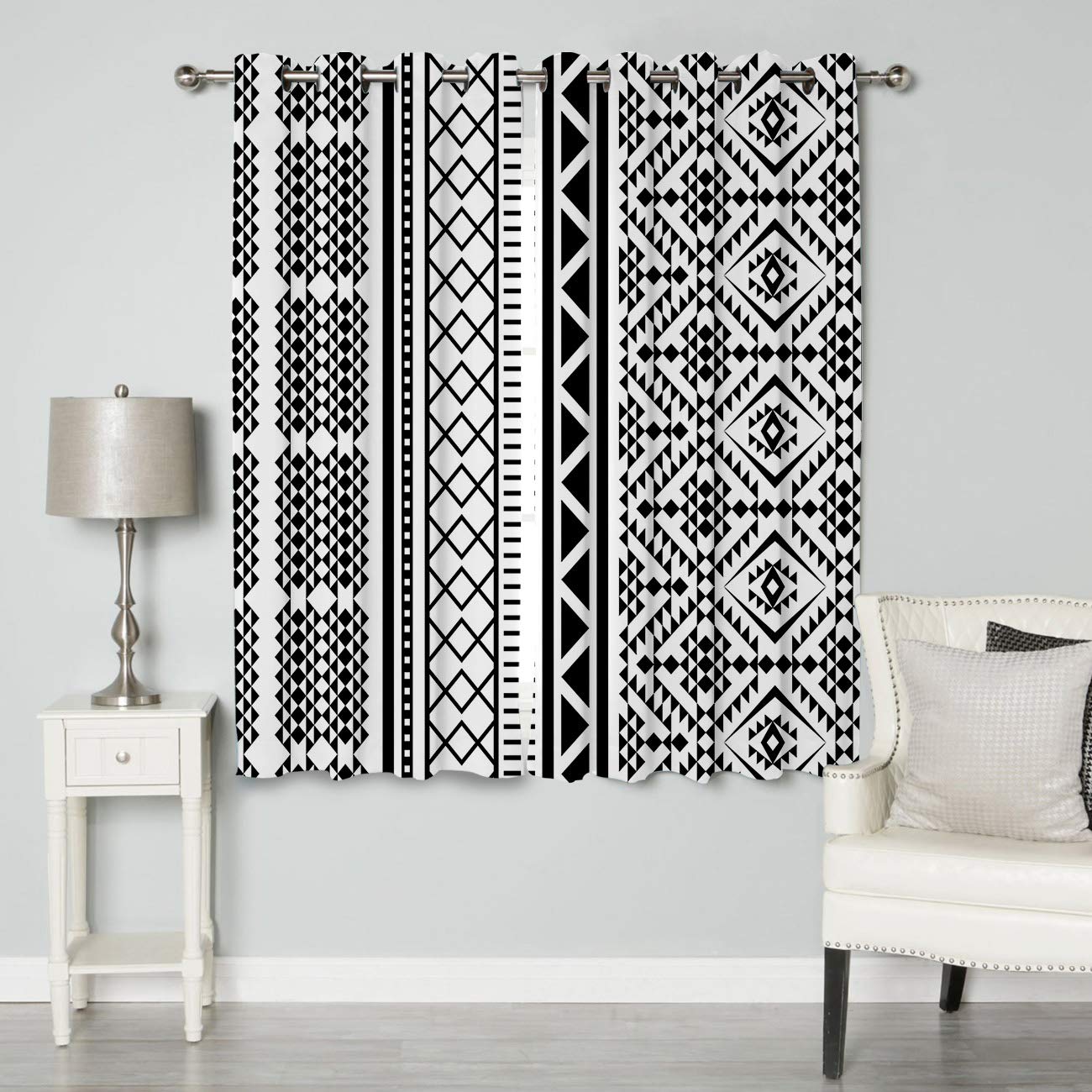 Thermal Insulated Black and White Geometric Boho Curtains - Set of 2 Panels, 39 Inch Length, Polyester Fabric for Living Room, Bathroom, Kitchen & Cafe Windows | Energy Saving, Noise Reducing & UV Protection for Home Decor