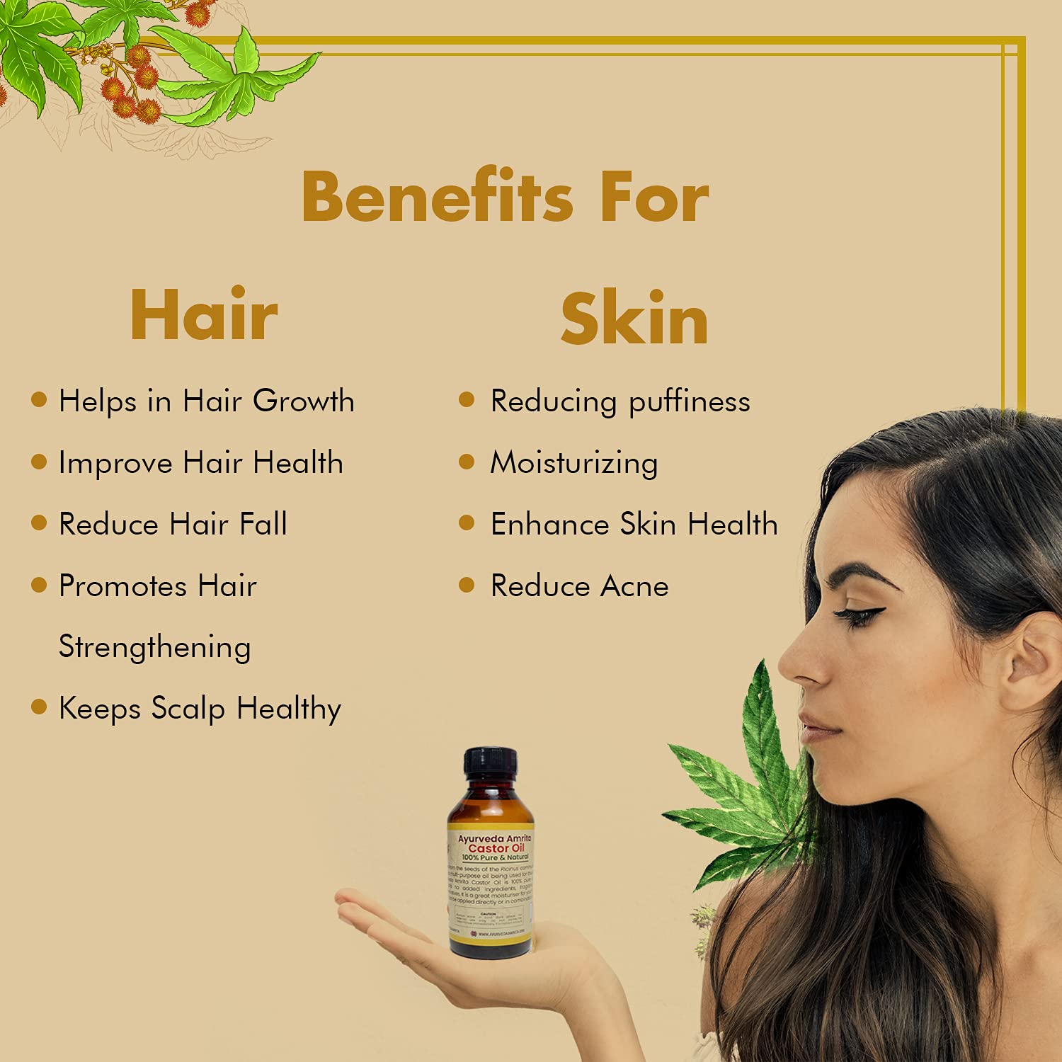 Pure & Natural Ayurveda Amrita Castor Oil for Hair Growth, Eyebrow & Beard Care - 100ml | Promotes Thicker Hair, Luscious Brows & Healthy Facial Hair | Perfect for Daily Hair & Skin Nourishment