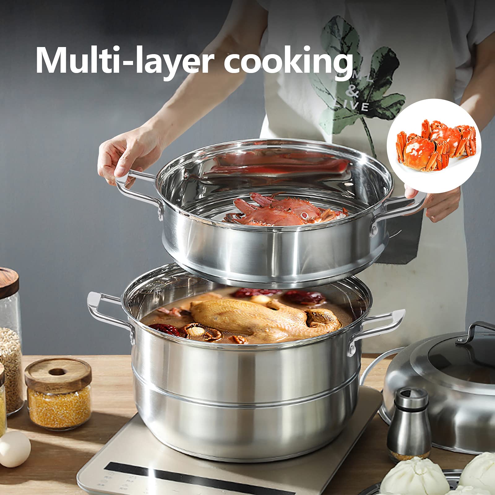5-Layer Stackable Stainless Steel Steamer Pot with Glass Lid - 304 Rustproof Food Steamer for Vegetables, Dumplings & Seafood - Perfect for Healthy Cooking, Meal Prep & Asian Cuisine