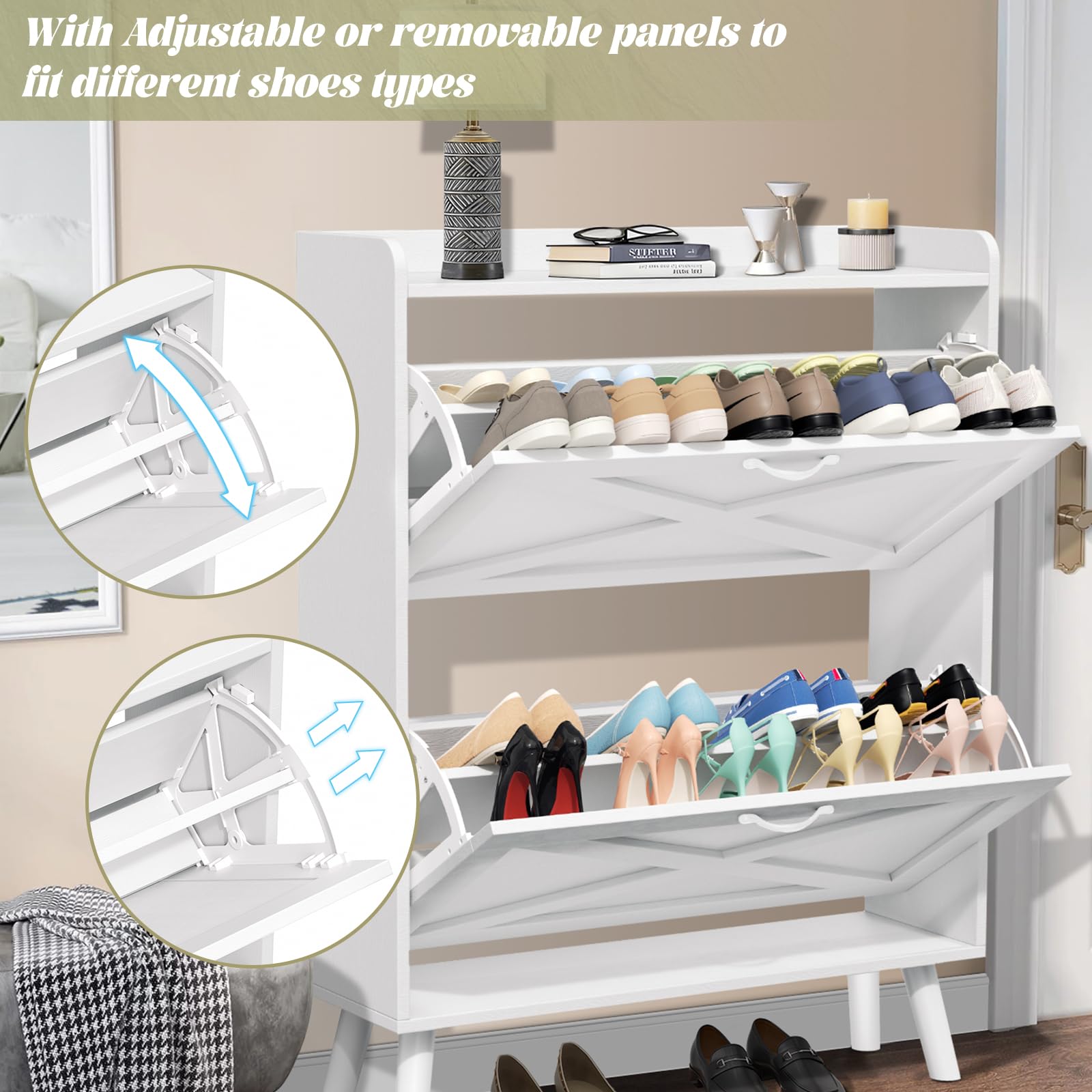 SUNCROWN Freestanding Shoe Storage Cabinet with 2 Flip Drawers - White Narrow Entryway Organizer with Wooden Legs - Perfect for Small Spaces, Closet & Bedroom Organization