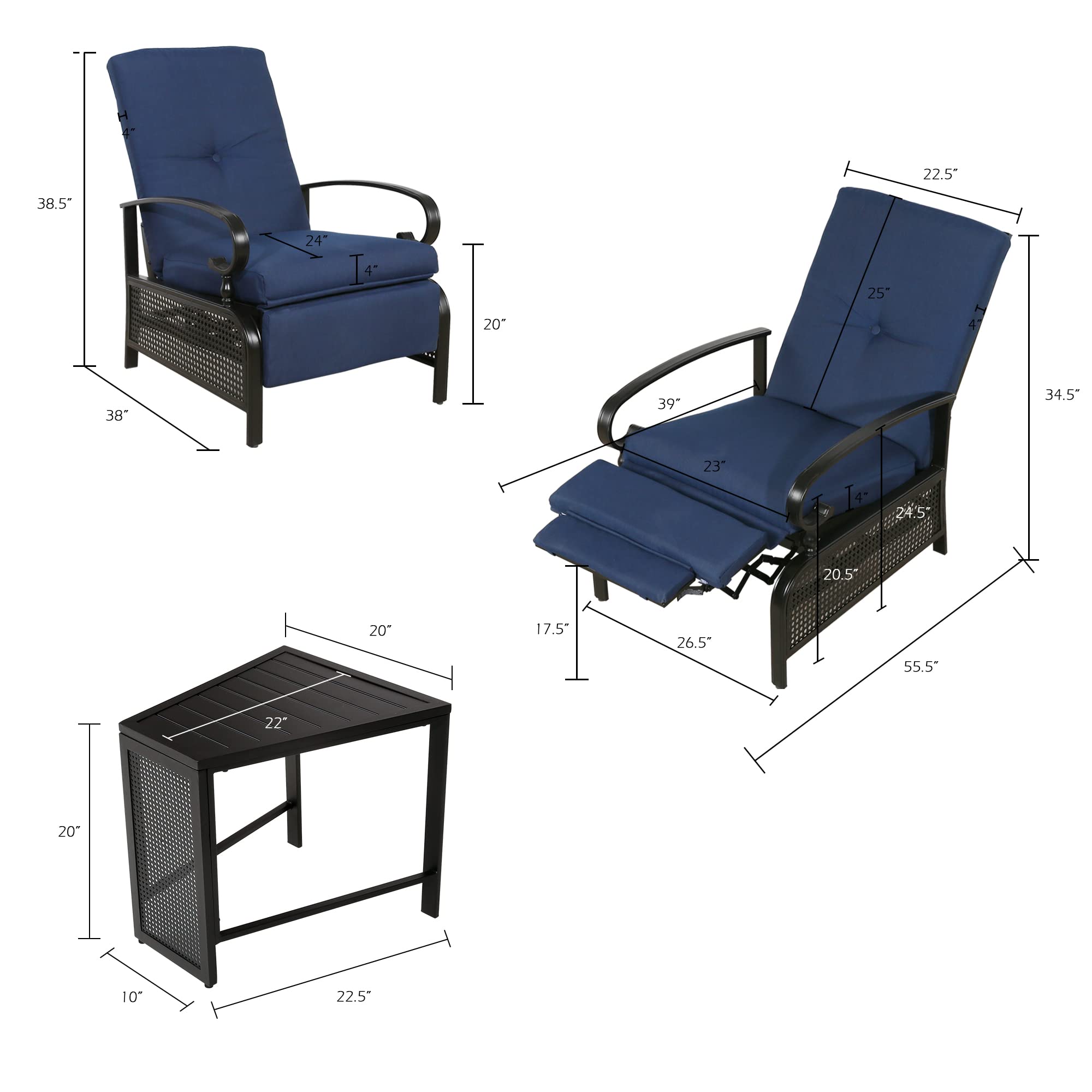 3-Piece Outdoor Patio Furniture Set with 2 Adjustable Reclining Chairs & Slatted Side Table - Navy Blue Cushions Included | Perfect for Backyard, Poolside & Garden Relaxation (IW147320)