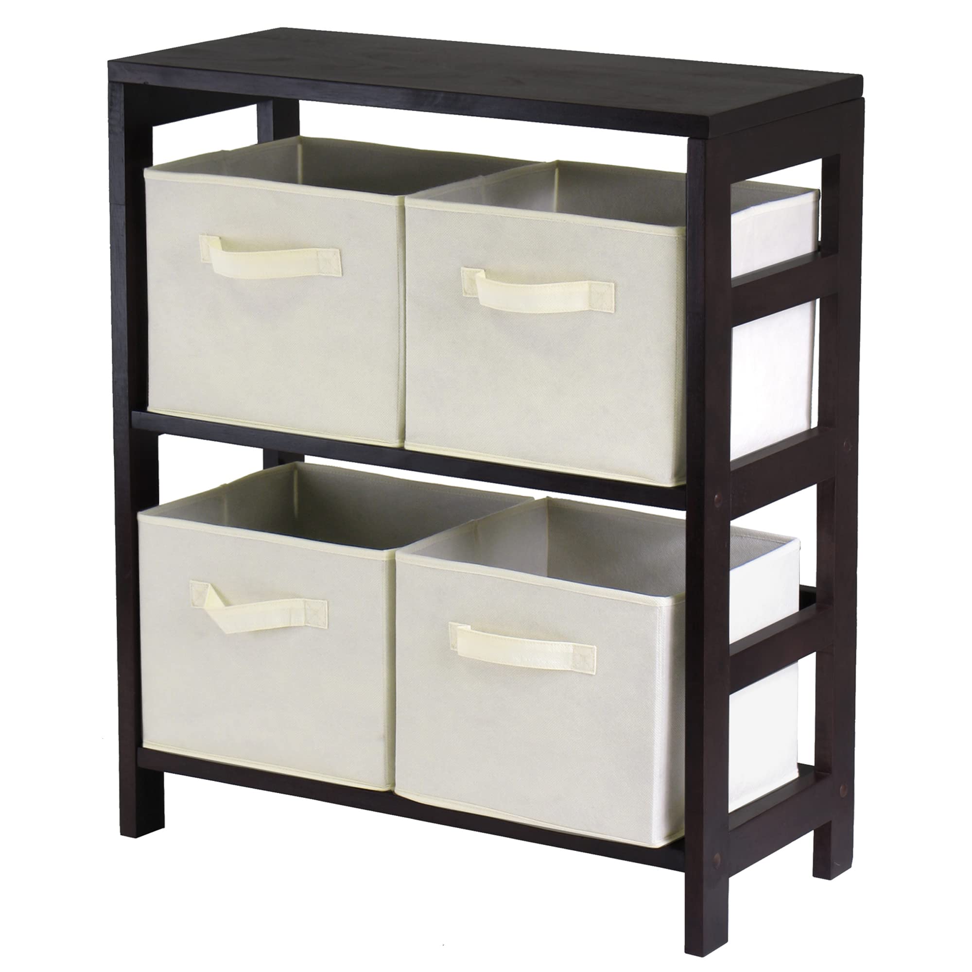 Winsome Wood Capri 2-Tier Storage Shelf with 4 Beige Fabric Baskets - Foldable Organizer for Bedroom, Bathroom & Closet - Space Saving Home Decor