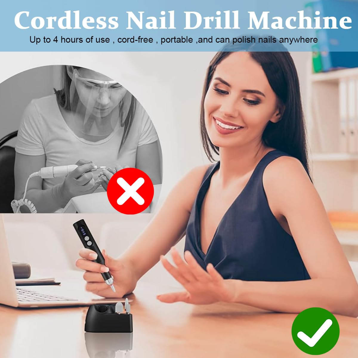 MAYCREATE® Professional Cordless Nail Drill Machine with 6 Drill Bits - Adjustable Speed Electric Nail File for Gel Polish, Acrylic Nails & Nail Extensions - Portable Manicure Pedicure Kit for Home & Salon Use