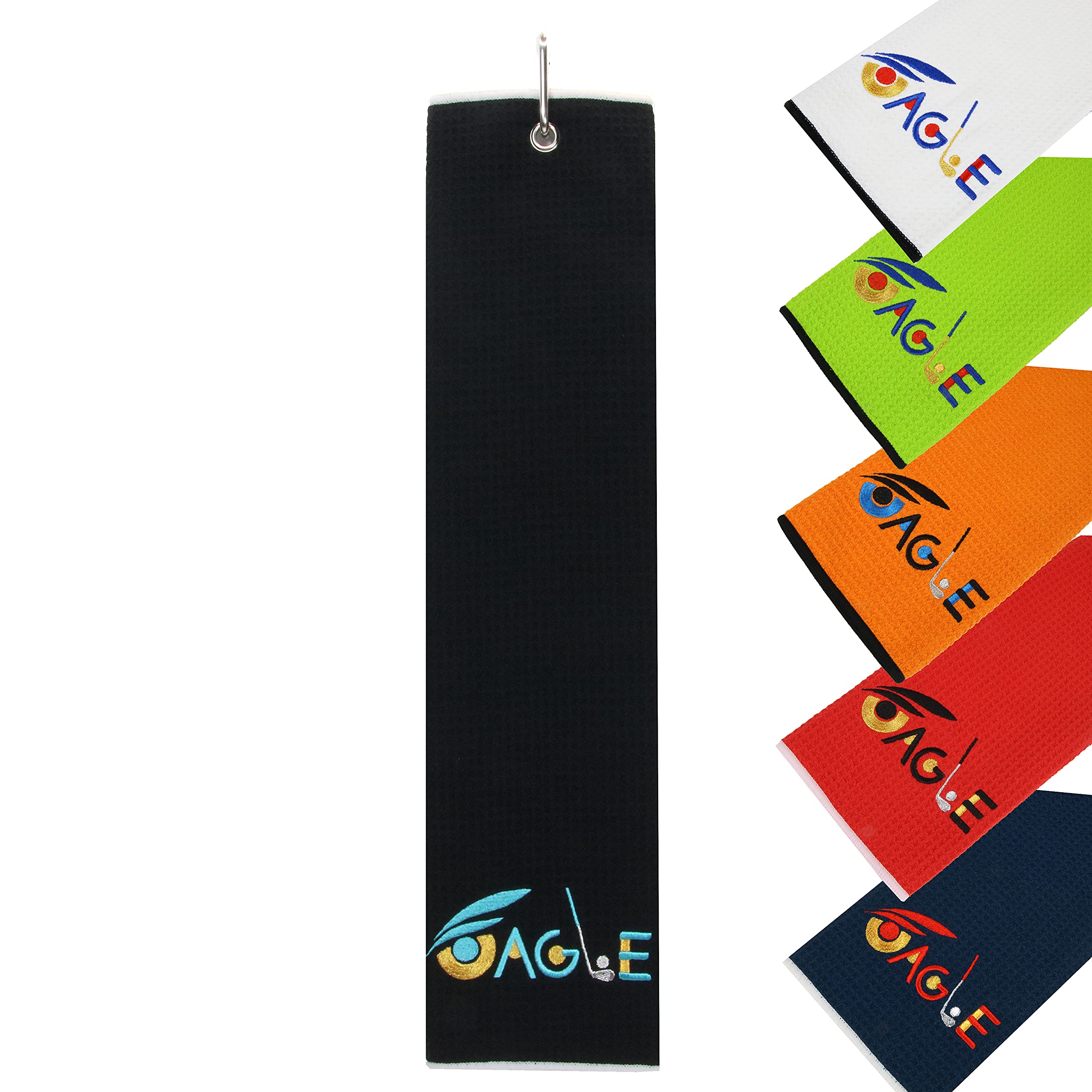 TOPCUST Golden Eagle Tri-fold Microfiber Waffle Golf Towel with Clip 16”X21” - Premium Absorbent Sports Towel for Golf, Gym, Tennis & Outdoor Activities (Black)
