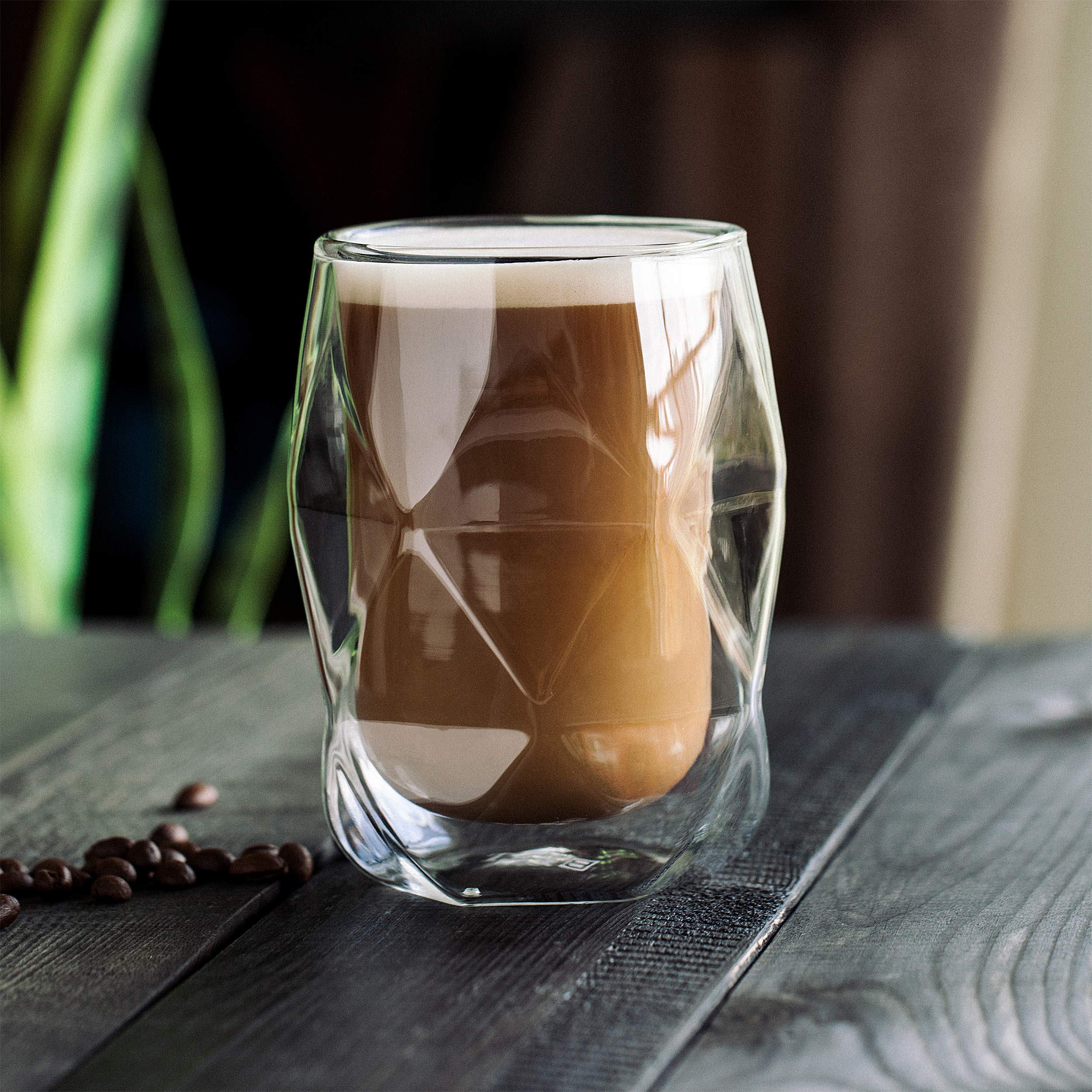 BTaT- 12oz Double Wall Insulated Glass Coffee Mug Set of 4 - Diamond Shape Clear Cups for Hot & Cold Drinks - Perfect for Coffee, Tea, Latte at Home, Office or Travel