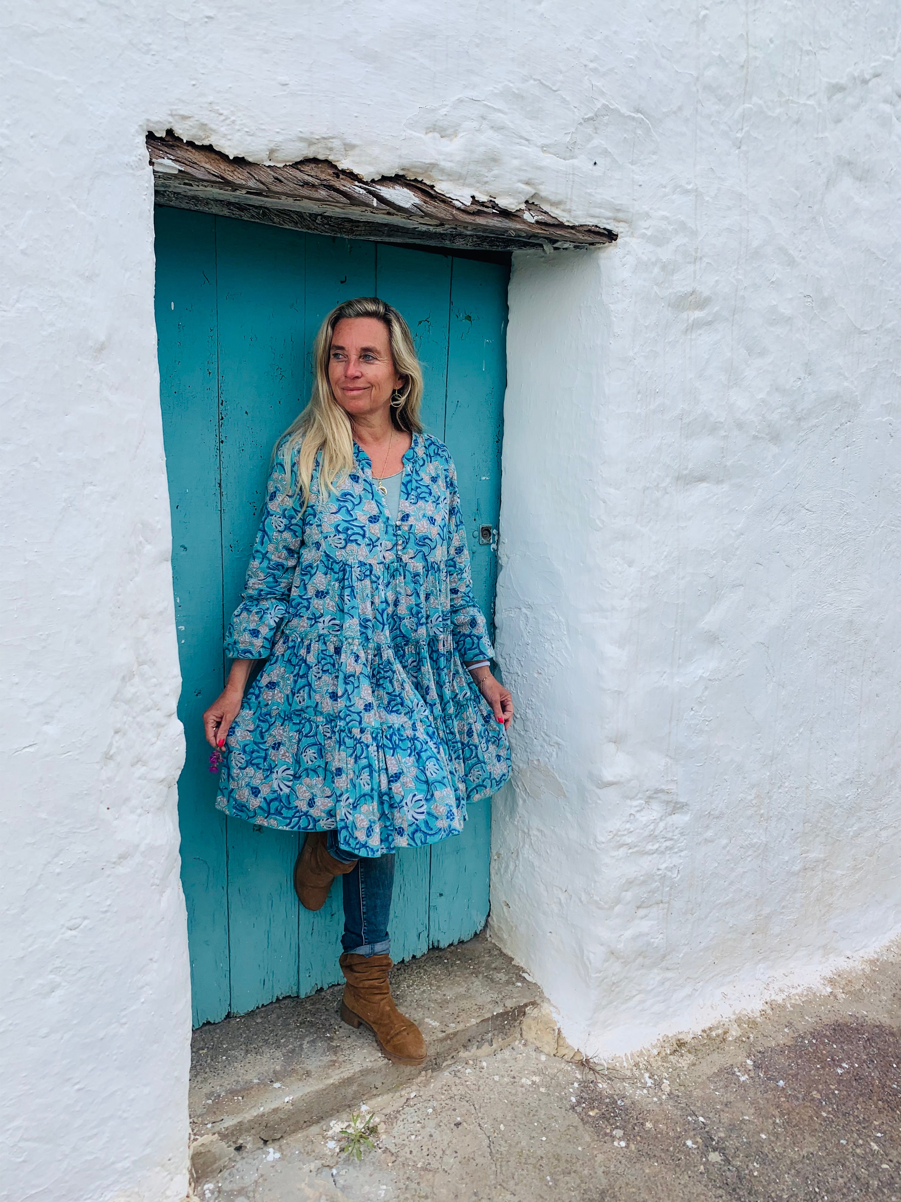 Geo Short Dress with Pearl Turquoise Details - Perfect for Summer Outings, Beach Vacations & Casual Events