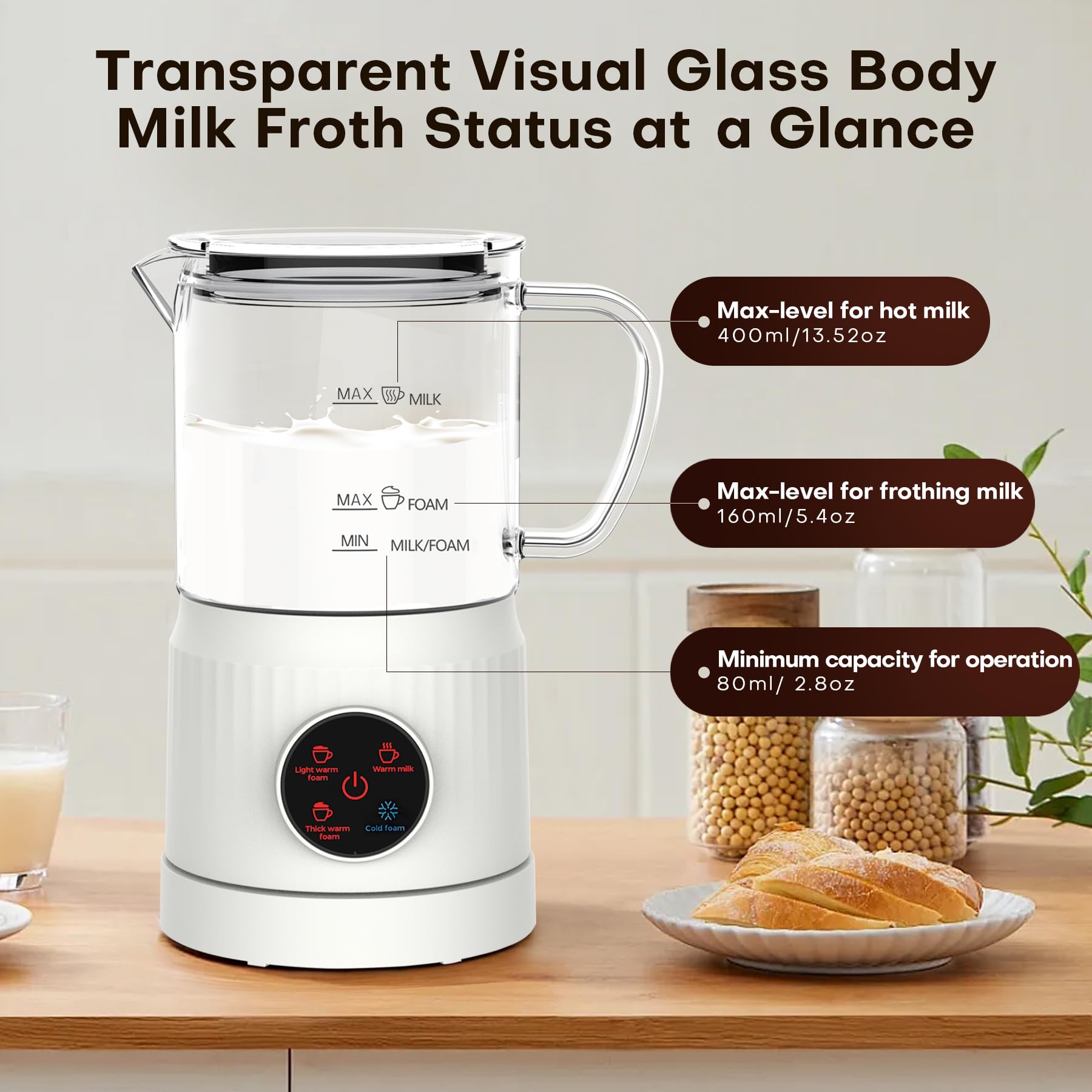 4-in-1 Electric Milk Frother and Steamer with LED Touch Screen, Non-Stick Bottom, 13.52oz Milk Warmer for Lattes, Cappuccinos, Macchiatos - Perfect for Home Coffee Bar, Breakfast, and Office Use - White