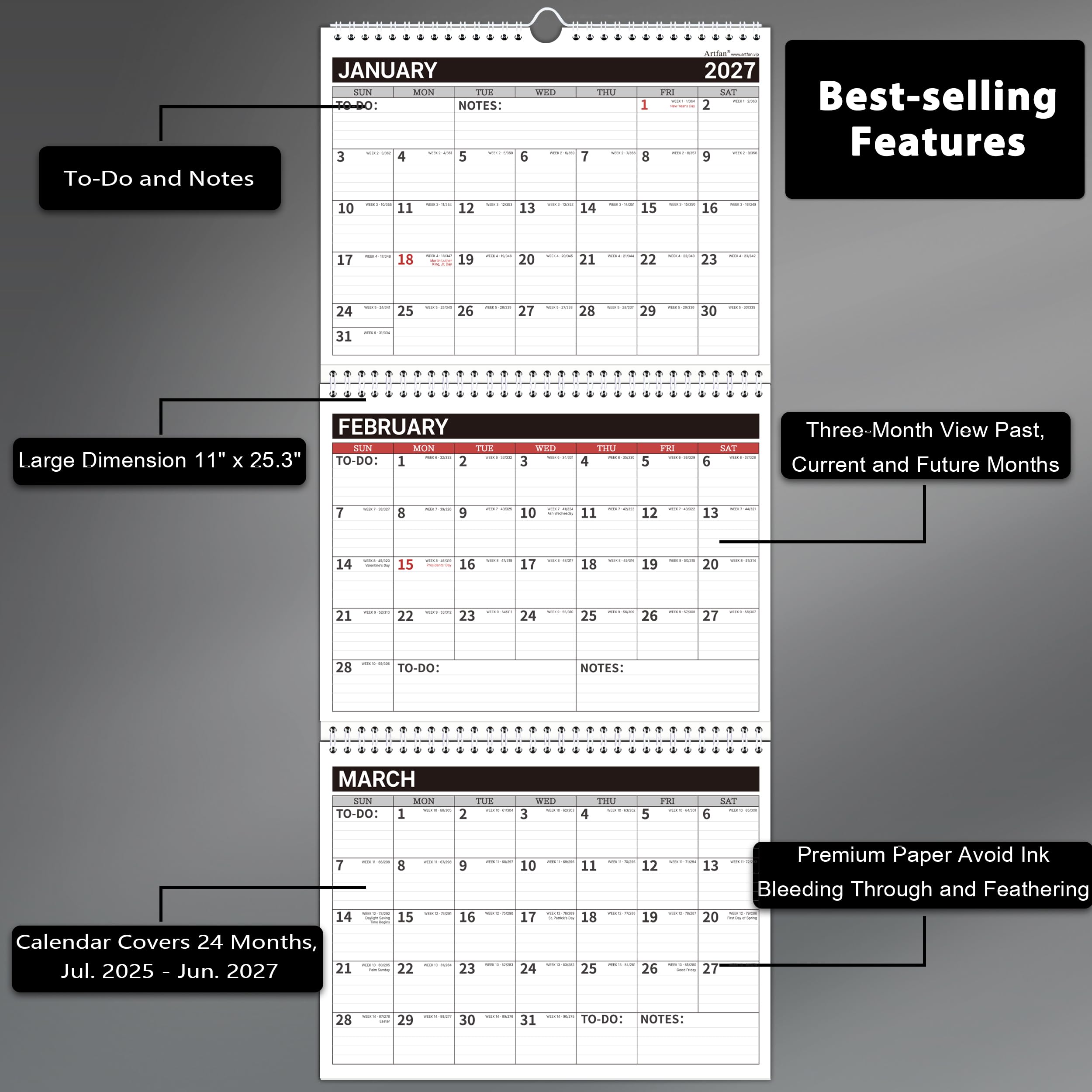 2025-2027 3-Month Wall Calendar Planner | July 2025 - June 2027 | 11