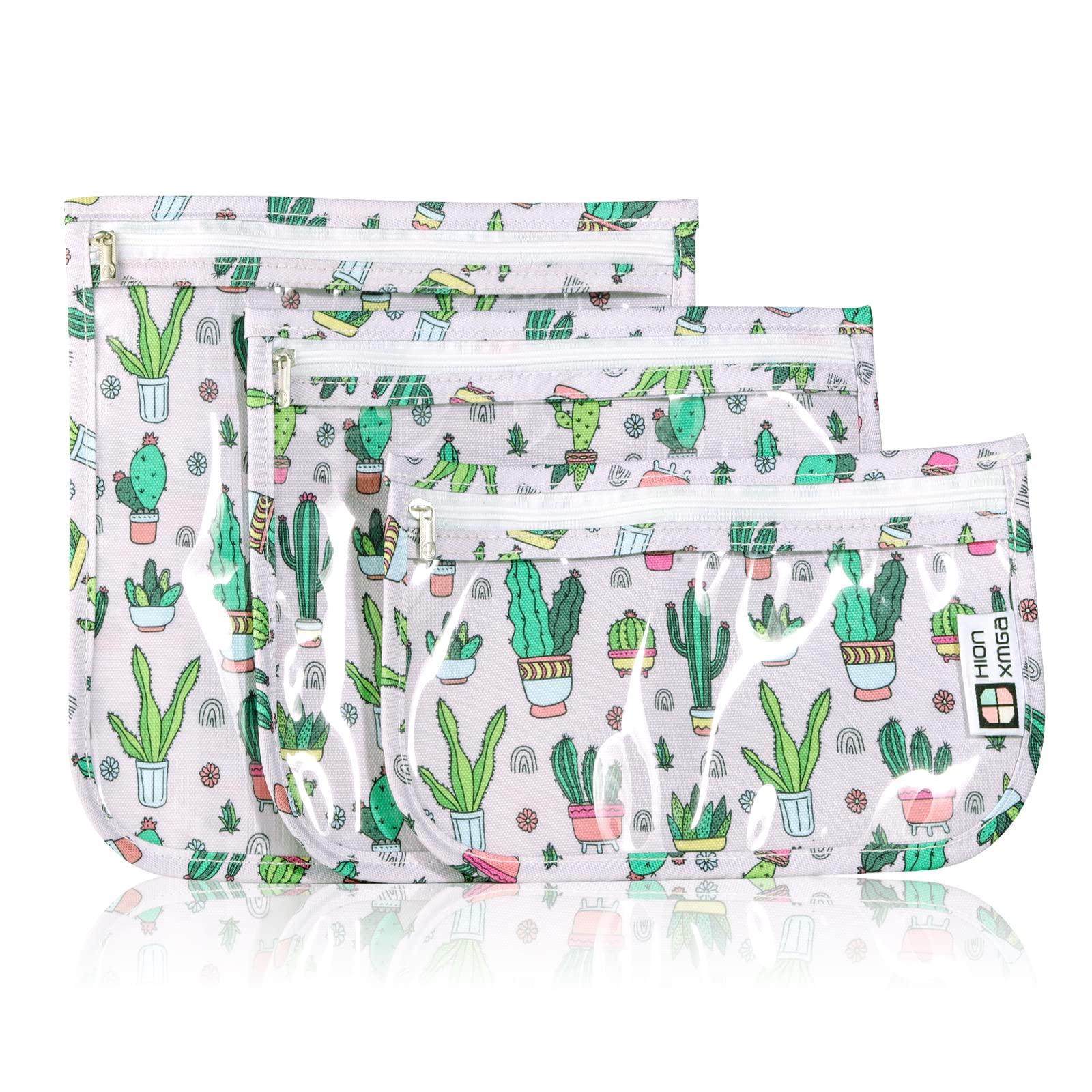 TSA Approved Toiletry Bag Set of 3 - Clear Quart Size Travel Cosmetic Bags with Zipper | Waterproof Makeup Organizer for Women, Men & Kids | Perfect for Airplane Carry-On, Gym, Camping & Beach Trips | Cacti Design
