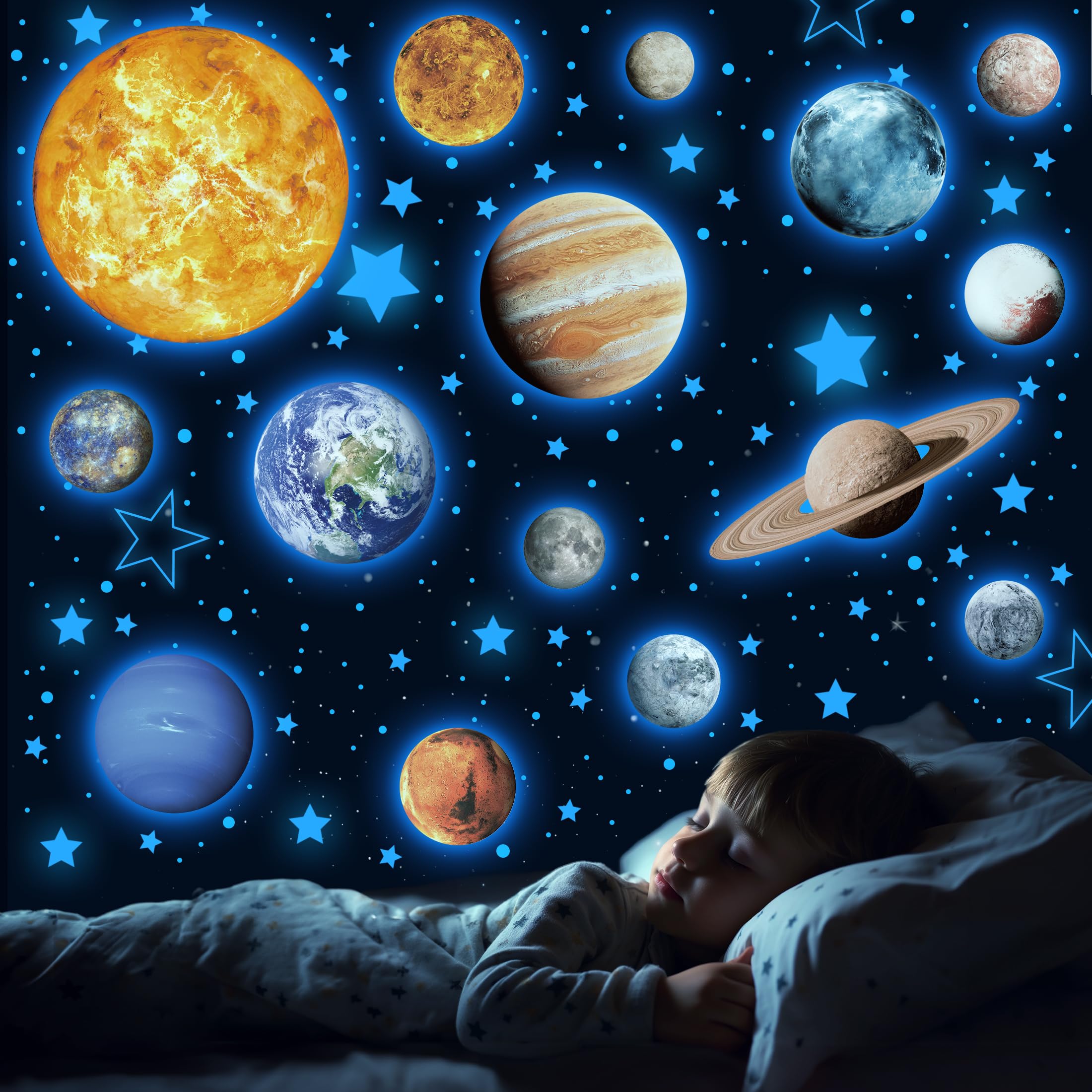 Glow in The Dark Solar System Wall Decals - 780 PCS Glowing Stars & Planets Stickers for Ceiling, Nursery, Bedroom & Kids Room Decor (Blue) - Perfect for Space-Themed Rooms, Educational Play & Nighttime Glow Decor