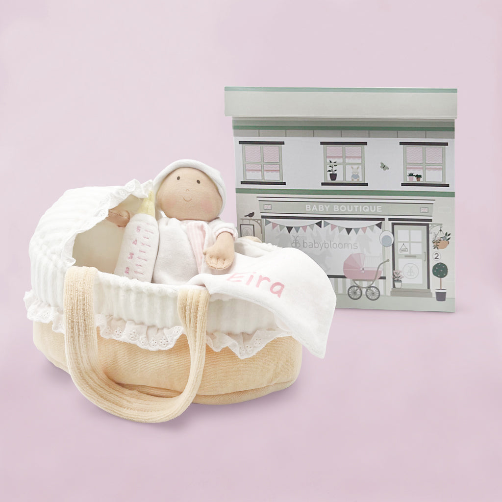 Personalized Baby Doll with Carry Cot - Soft Plush Toy for Kids, Perfect for Pretend Play, Gift for Girls & Toddlers - Ideal for Nursery, Role Play & Birthday Presents