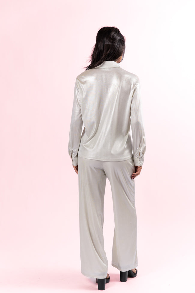 Silver Knit Button Down Shirt and Pants Set for Women - Elegant Office Wear & Casual Outfit | Final Sale