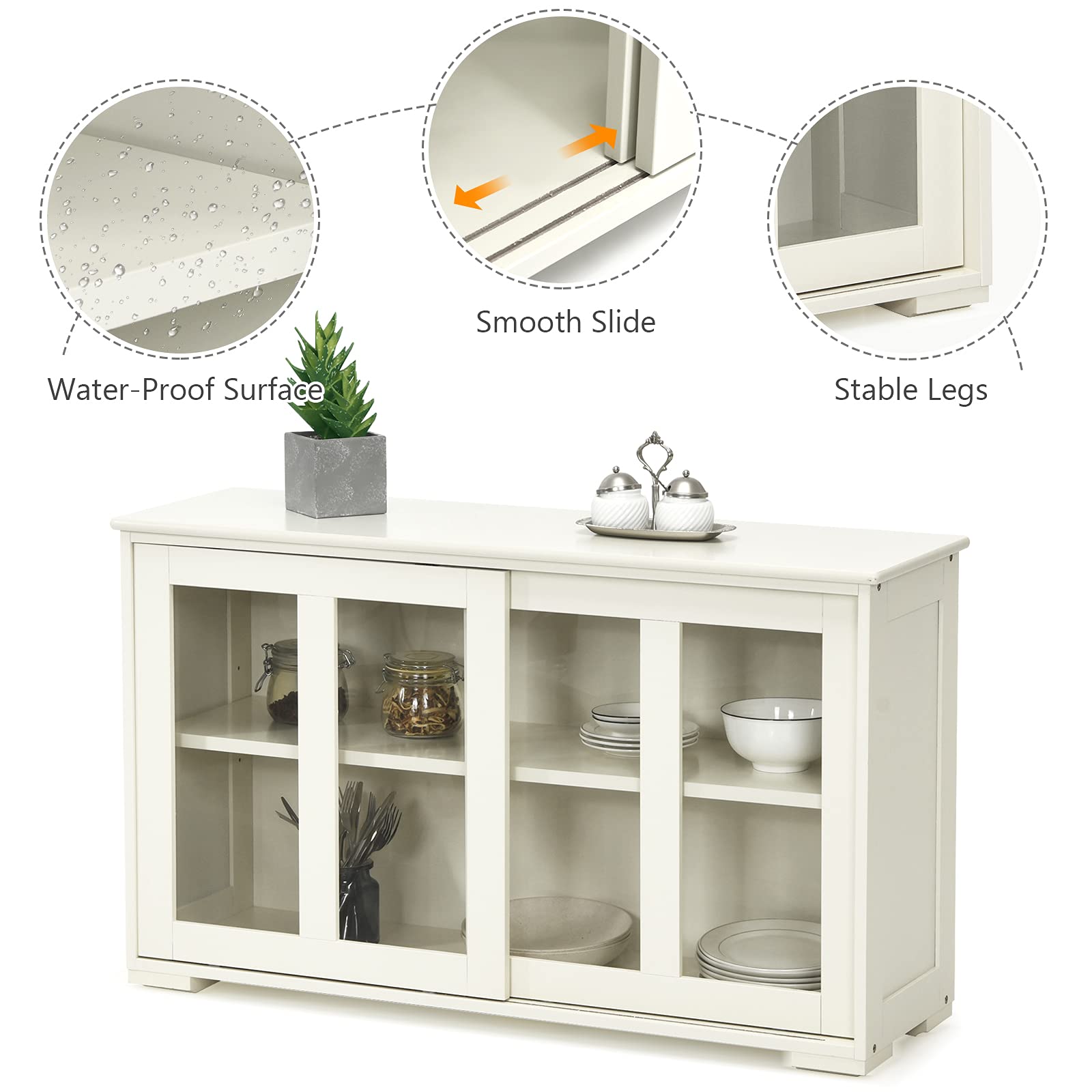 Costzon Wooden Sideboard Buffet Cabinet with Adjustable Shelf & Sliding Glass Doors - Cream White Kitchen Storage Cabinet, Coffee Bar Console Table for Living Room, Dining Room, Hallway | Perfect for Home Decor, Entertaining Guests & Organizing Dishes