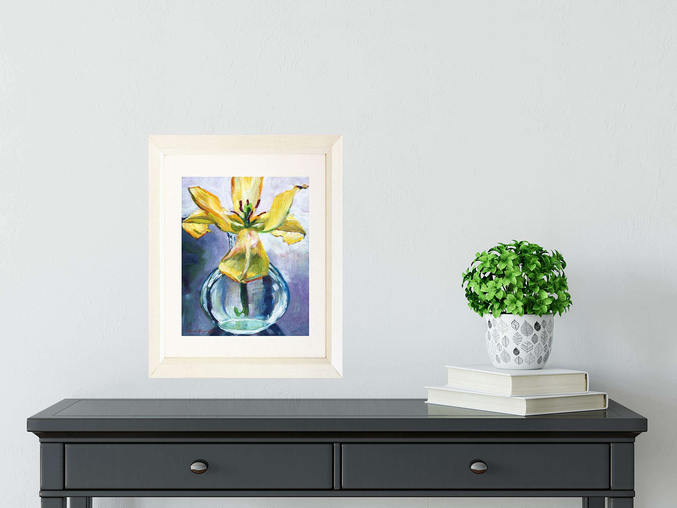 David Lloyd Glover 'Lily in a Vase' 20x16 Matted Art Print with White Frame - Blue Floral Wall Decor for Living Room, Bedroom & Office