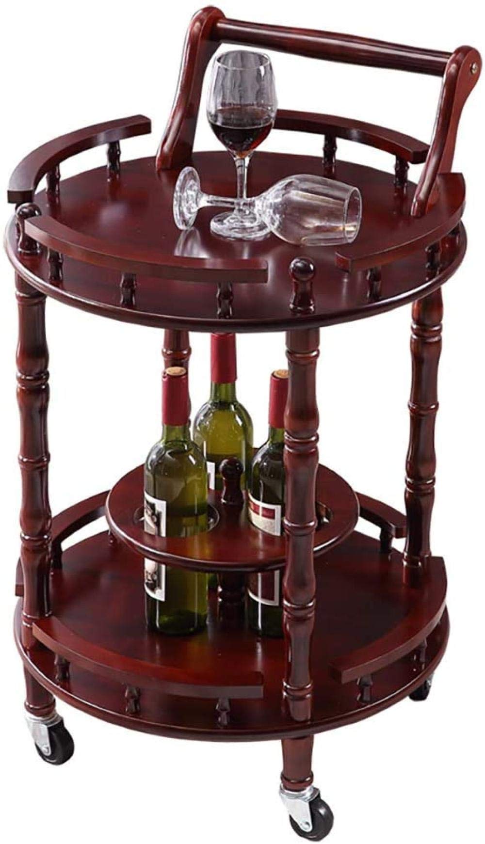 Serving Trolley Kitchen Cart 2-Tier Wooden Storage Cart with Wheels & Handrail for Household, Bar, Study Room, Living Room, and Outdoor Use