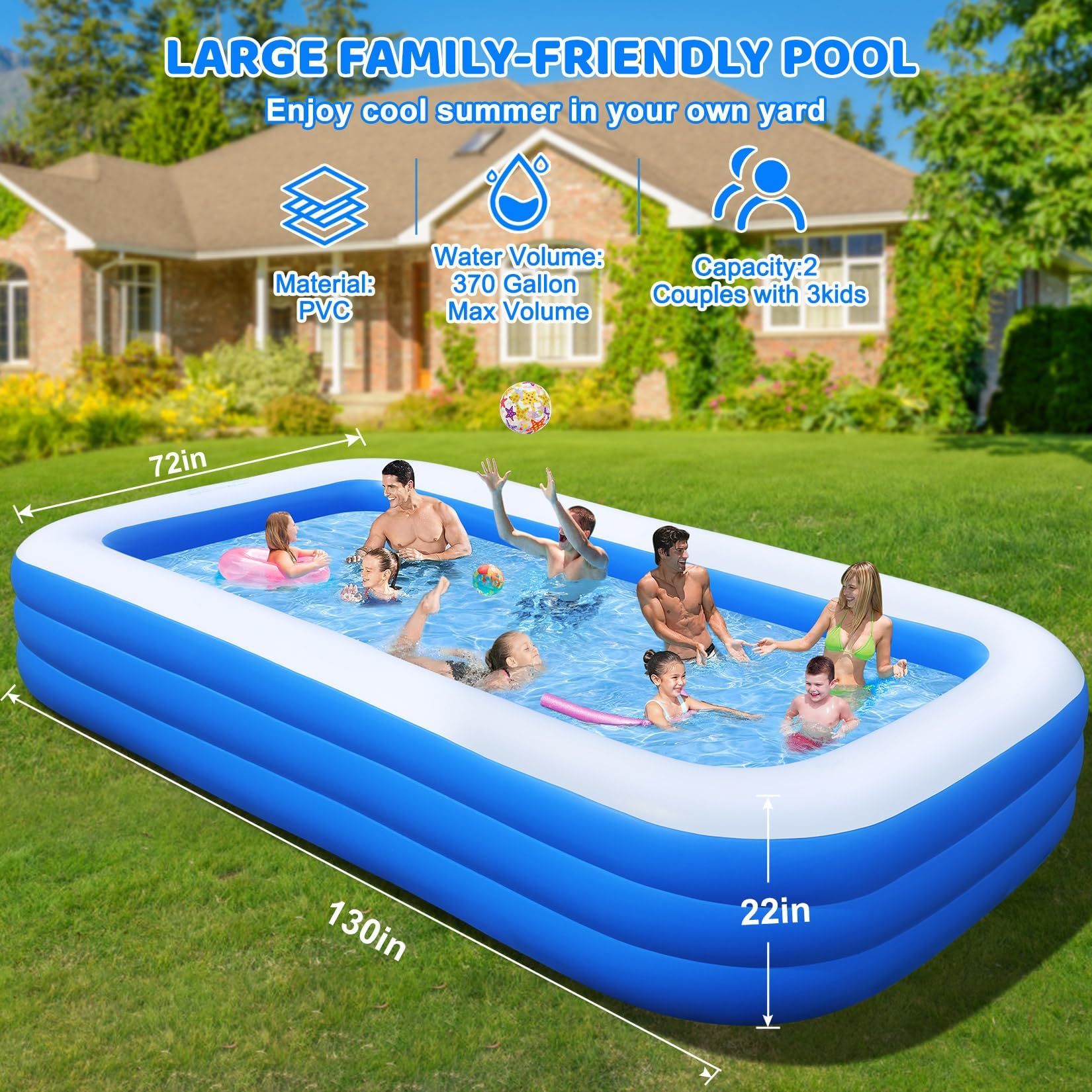 Best Inflatable Swimming Pool with Pump - 130'' x 72'' x 22'' Large Blow Up Pool for Adults & Kids - Durable Thickened Oversized Backyard Inflatable Pool - Perfect for Outdoor Summer Parties, Family Gatherings & Kids Water Play