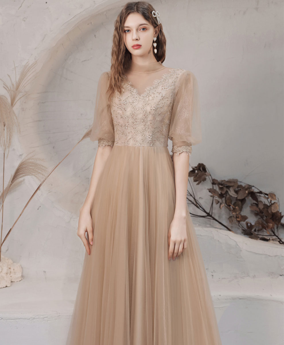 Elegant Champagne High Neck Tulle Lace Long Prom Dress for Women | Formal Evening Gown for Graduation, Homecoming, Wedding Guest & Special Occasions
