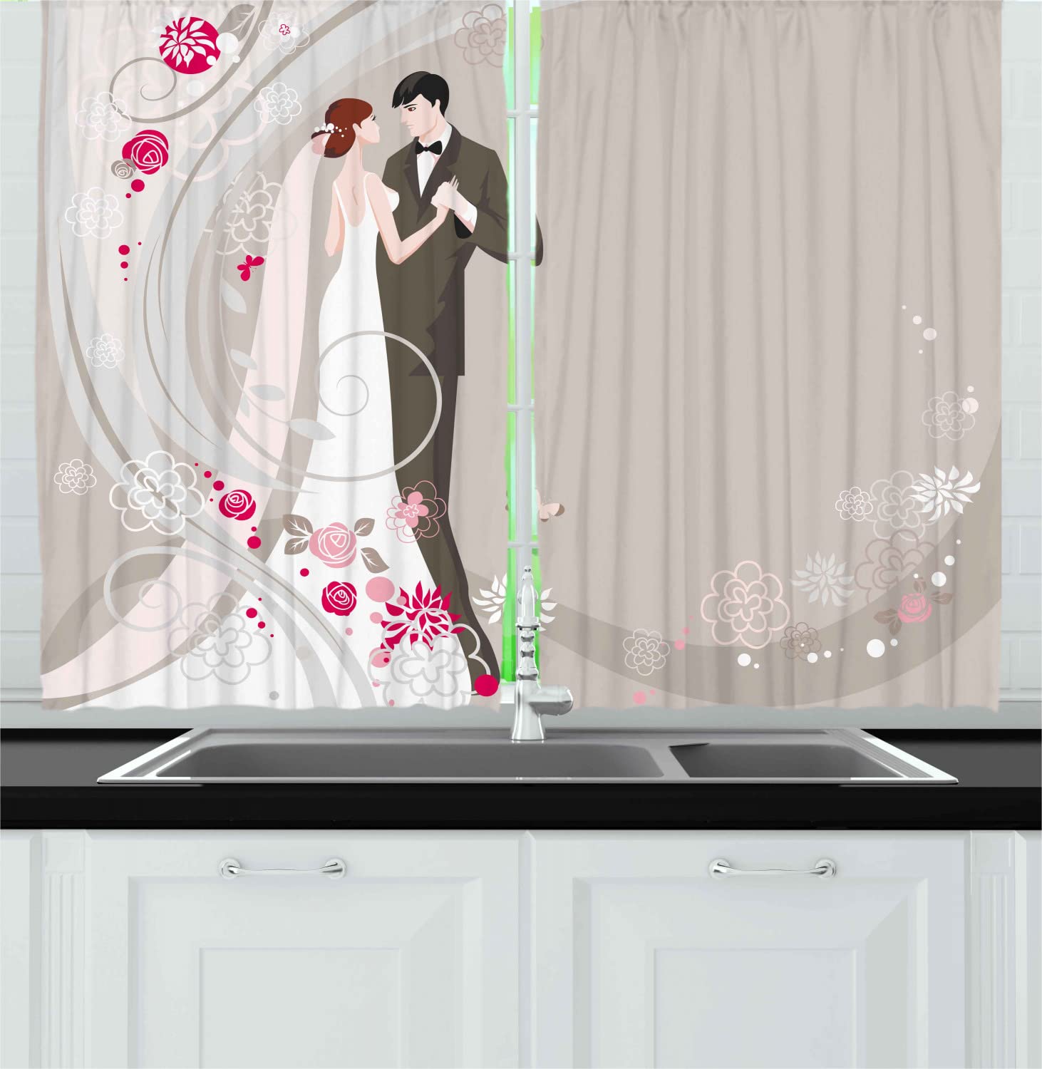 Ambesonne Wedding Kitchen Curtains - Abstract Floral Bride & Groom Design, 55