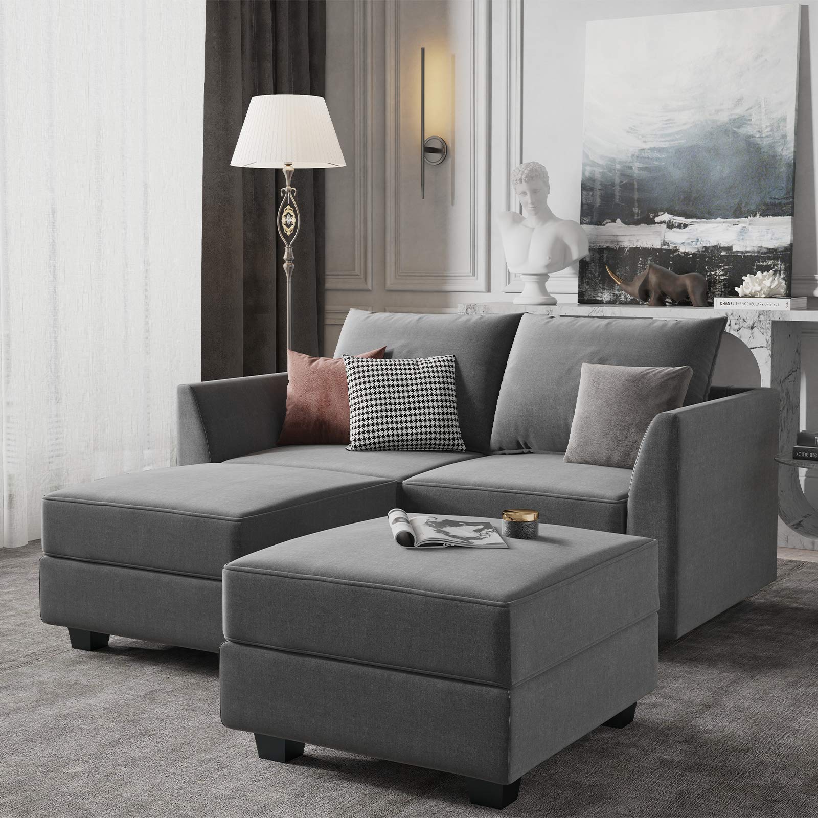 HONBAY Convertible Sectional Sofa with Chaise and Ottoman - Modular L-Shaped Couch for Small Spaces, Grey - Perfect for Apartments, Living Rooms and Home Theater Seating