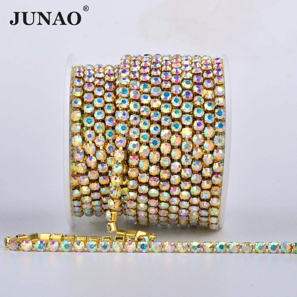 SS6 12 16 18 Gold AB Rhinestones Cup Chain Ribbon - Glass Crystal Applique Metal Trim Strass Fringe Banding for Clothing (10 Yards) - Perfect for Costume Design, DIY Fashion & Dress Embellishment