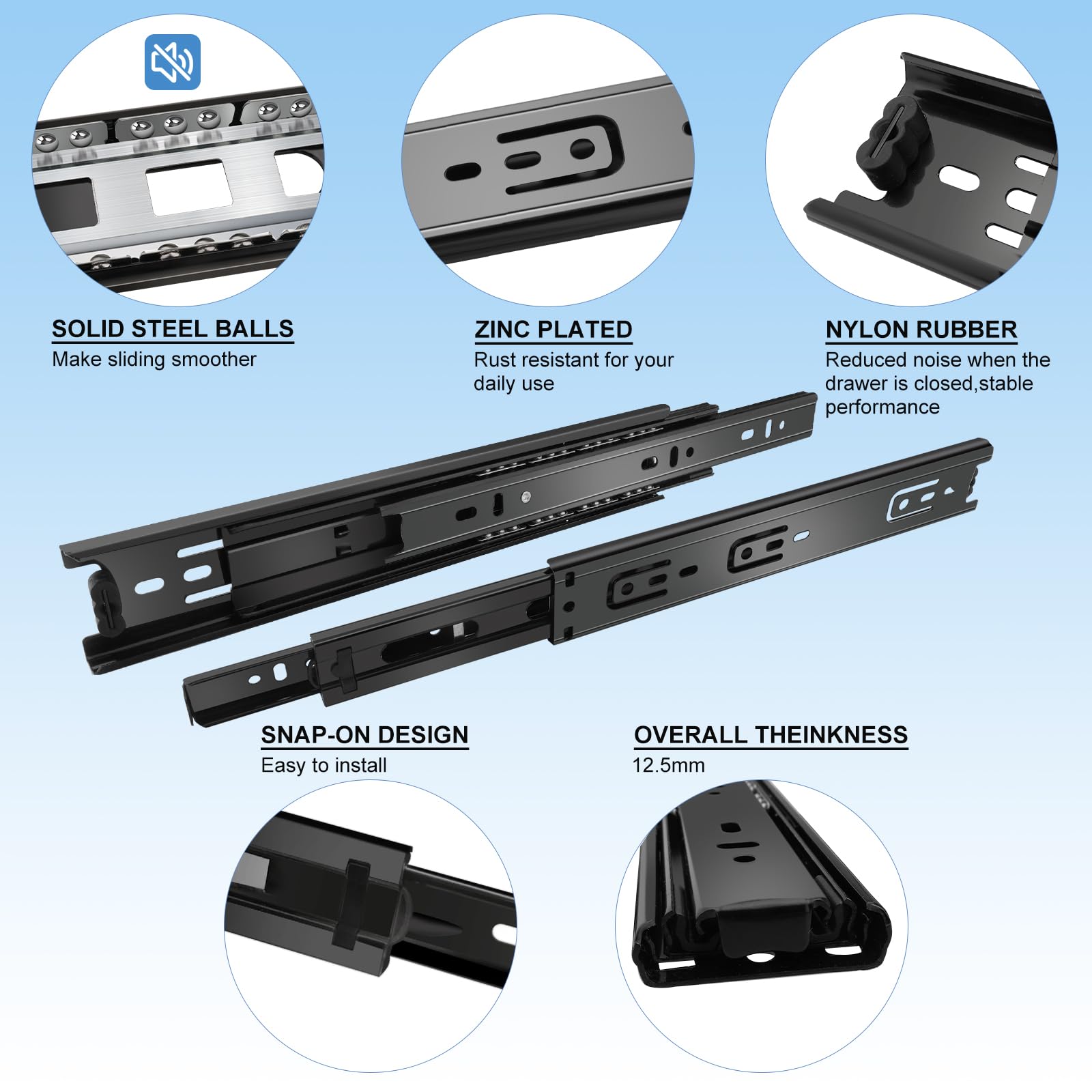 12 Inch Full Extension Ball Bearing Drawer Slides - 6 Pairs (12pcs) Heavy Duty Side Mount Drawer Rails for Kitchen Cabinets, Wardrobes, File Cabinets & Trash Cans - 100 LB Capacity Black Metal Glides - Perfect for Home Office & Storage Organization
