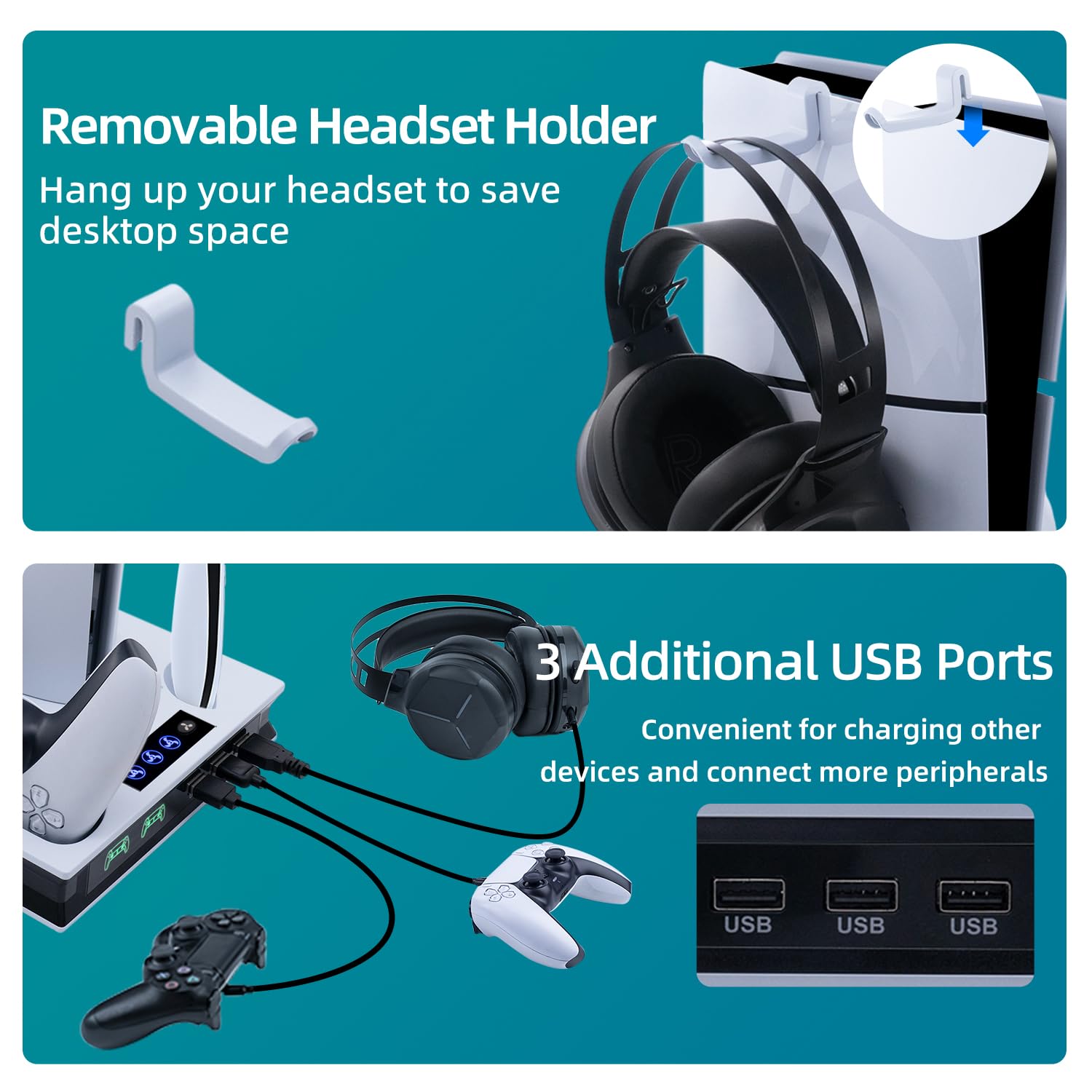 PS5 Cooling Stand with Dual Controller Charger & Headset Holder - Compatible with PS5 Slim/Pro/UHD/Digital Edition - 3 USB Ports & Enhanced Airflow Cooling Station - Perfect for Gaming Marathons & Console Protection (White)