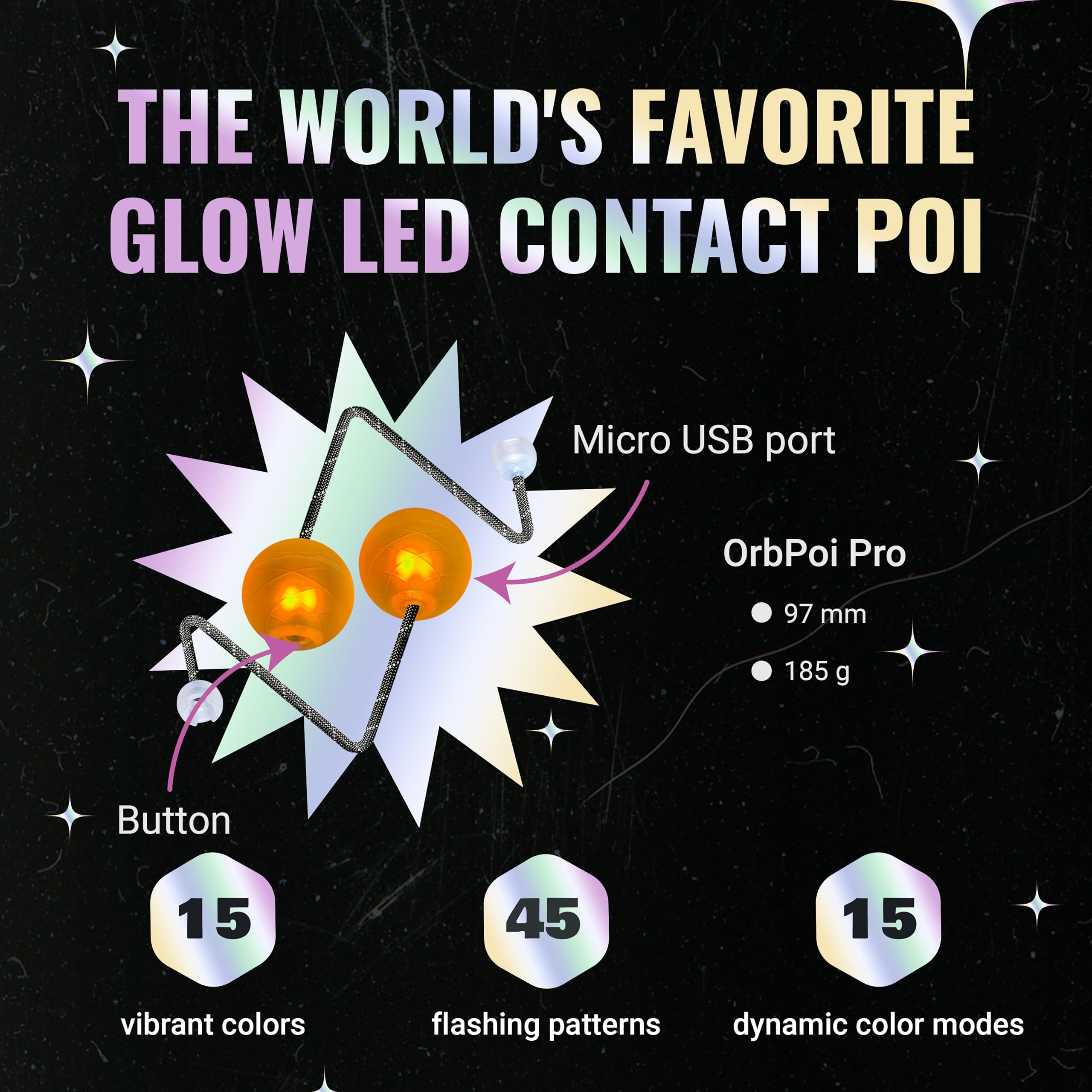 UltraPoi OrbPoi Pro LED Spinning Balls Set - USB Rechargeable Contact Poi with 40+ Color Modes & Patterns - Soft Durable Cases & Non-LED Knob Handles - Perfect for Flow Arts, Dance Performances, and Fire Poi Practice