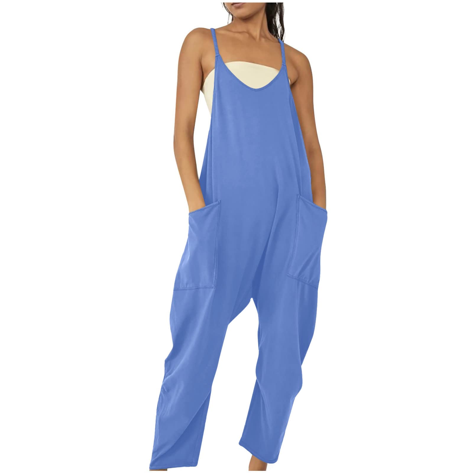 DDAPJ Women's Jumpsuits 2025 - Casual V-Neck Romper with Spaghetti Straps, Sleeveless Overalls with Pockets | Perfect for Summer Outfits, Beach Vacations & Date Nights