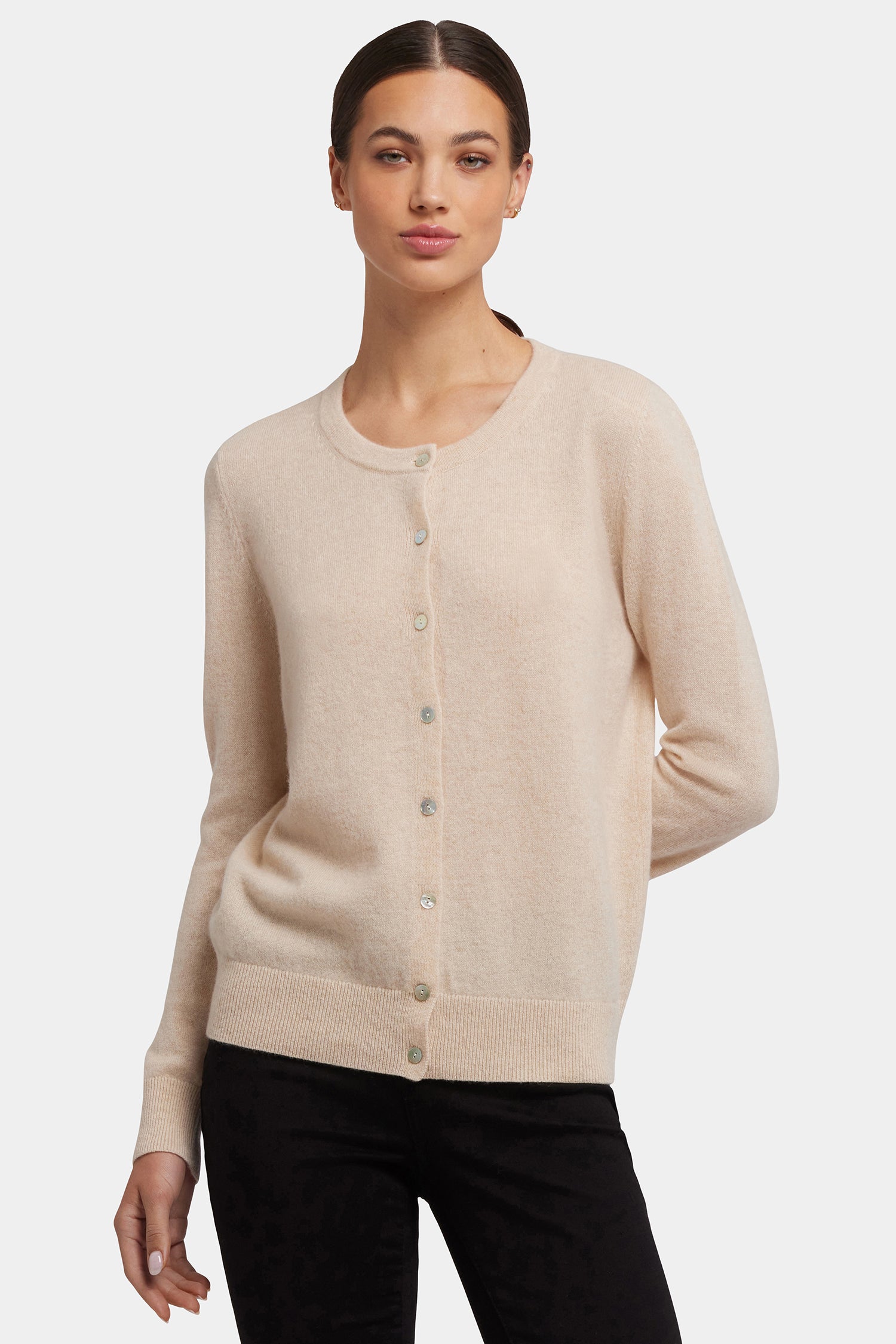 Luxury Cashmere Crewneck Cardigan for Women - Soft Heather Cream Sweater | Cozy Winter Wear & Office Outfit Essential