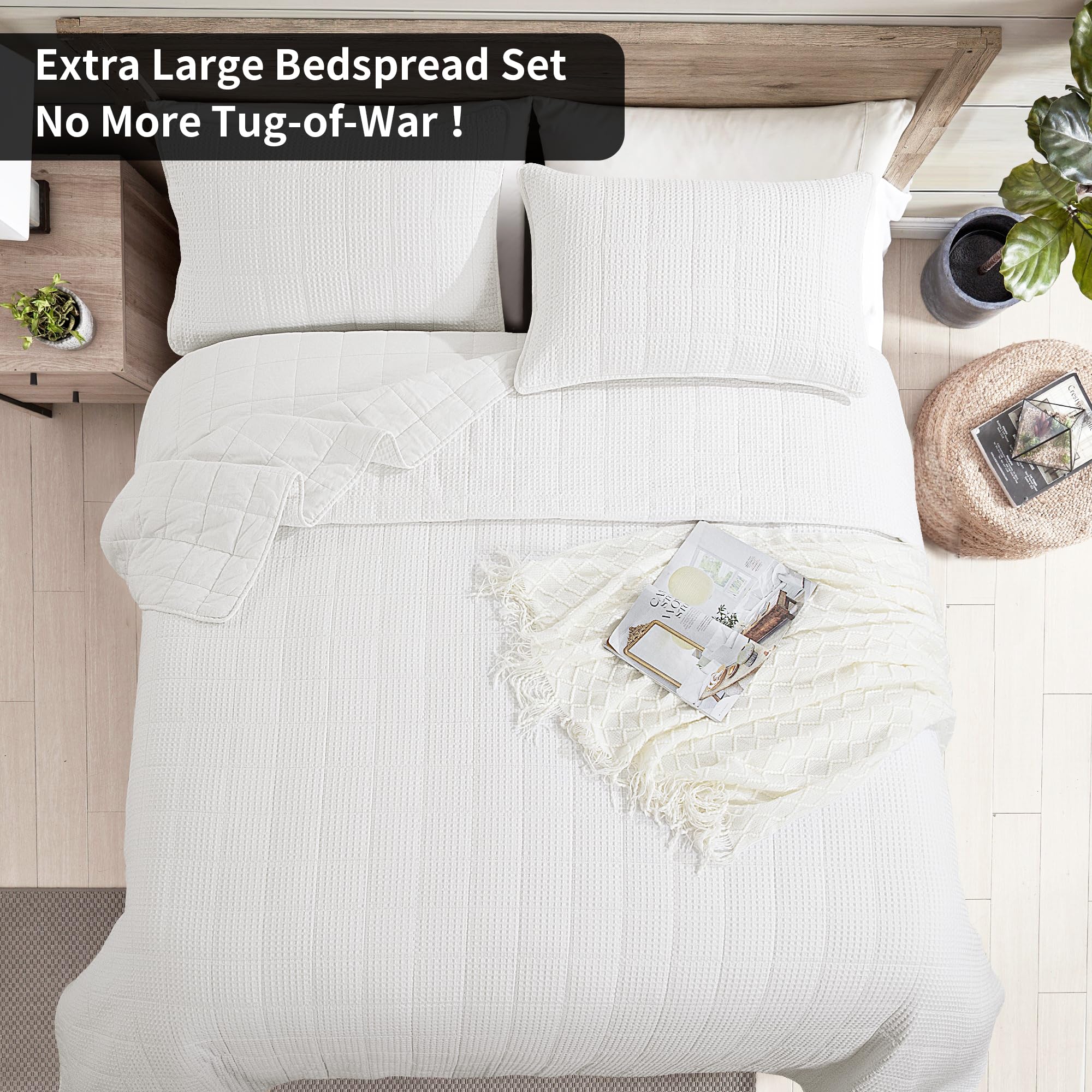HOMBYS Oversized King Bedspreads 120x128 Inches, 100% Cotton Waffle Weave Quilt Set - Extra Large Coverlet Set in White, Lightweight Bedding for Big Beds (1 Quilt + 2 Pillow Shams) - Perfect for Master Bedrooms, Guest Rooms & Cozy Home Decor