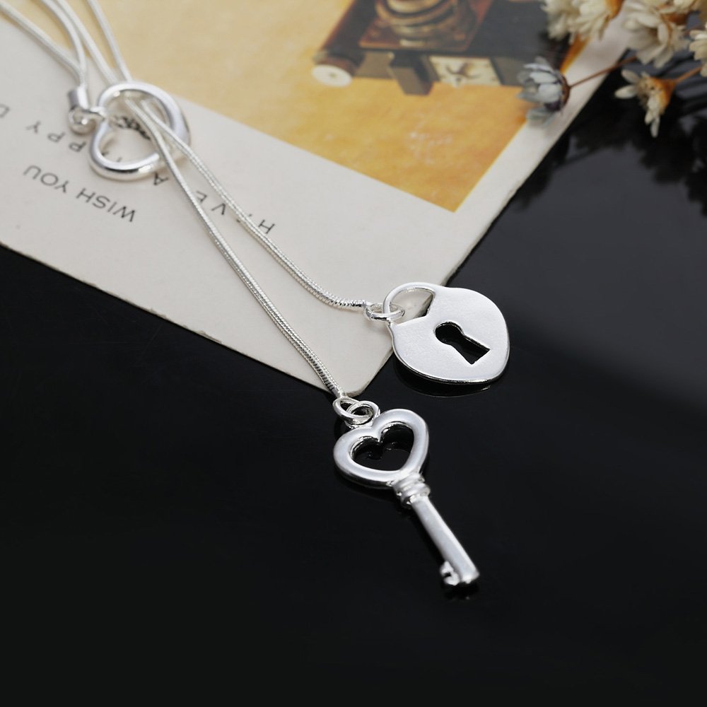 925 Sterling Silver Love Heart Key Lock Pendant Necklace for Women - Elegant Fashion Jewelry Gift for Valentine's Day, Anniversary & Romantic Occasions