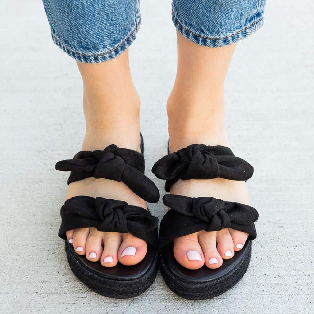 Women's Flat Slide Sandals with Cork Sole & Cute Knot Bow - Comfortable Canvas Summer Sandals for Beach, Pool, and Casual Wear