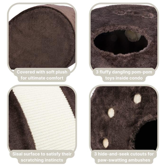TRIXIE Cat Tree Condo with Scratching Post & Hanging Toys - Multi-Level Cat Tower for Climbing & Play - Cozy Brown Pet Furniture for Indoor Cats - Perfect for Small Spaces & Apartment Living