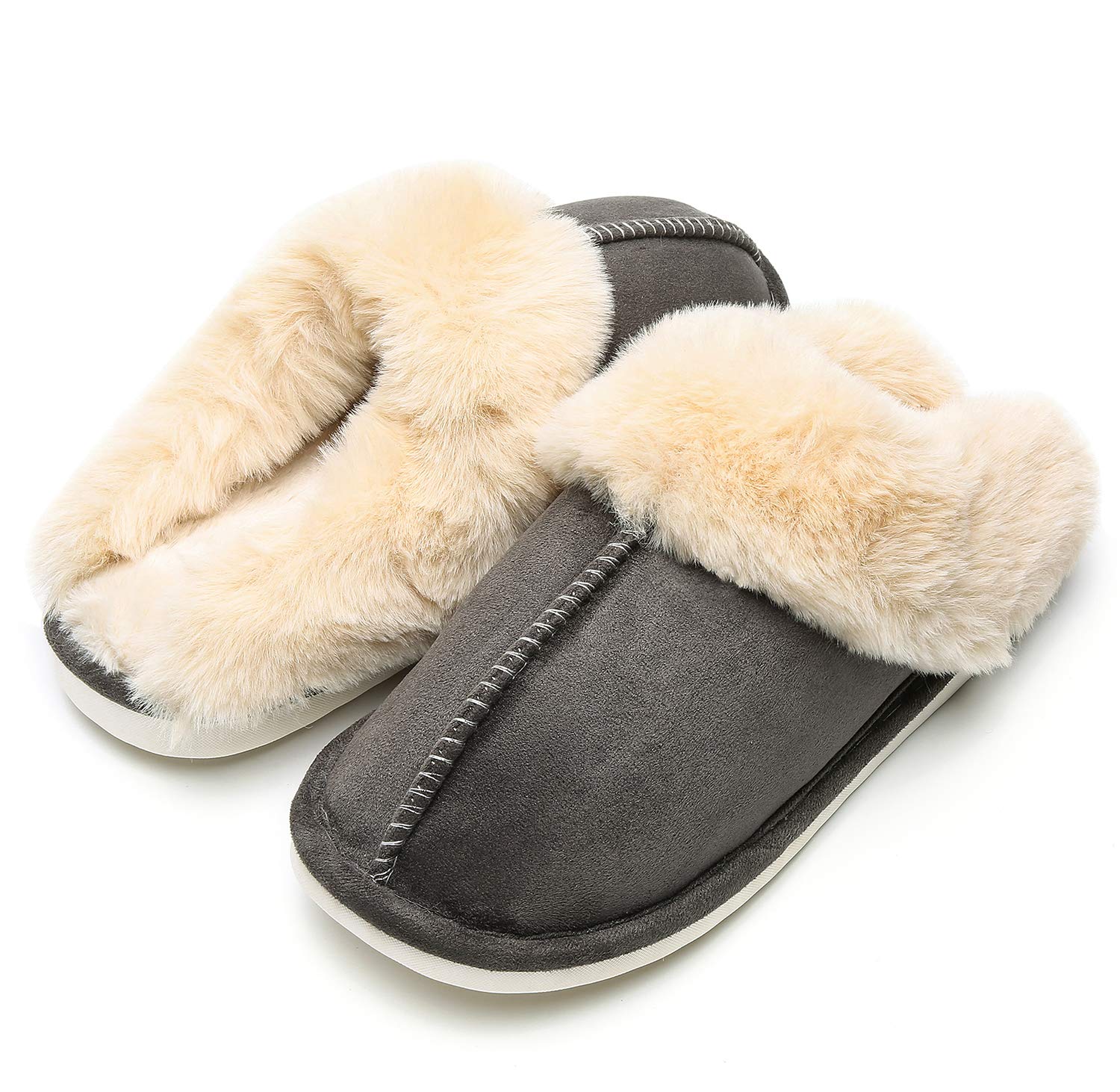 Epsion Women's Winter Warm Faux Fur Fluffy Slip-On House Slippers - Suede Fur Lined with Anti-Skid Sole for Indoor/Outdoor Use - Perfect for Home, Office & Travel Comfort